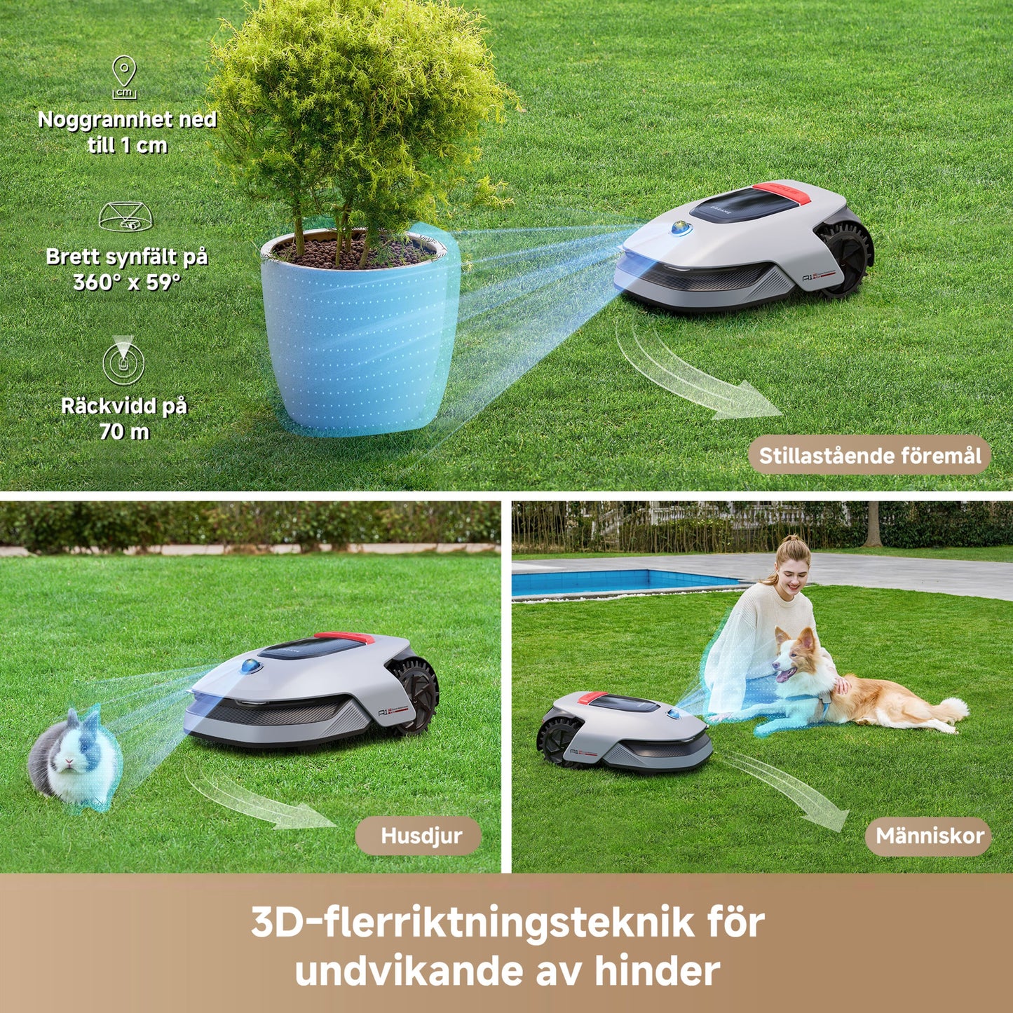 Dreame A1 Pro robotplæneklipper med OmniSense 3D Ultra Sensing til registrering og undgåelse af forhindringer.