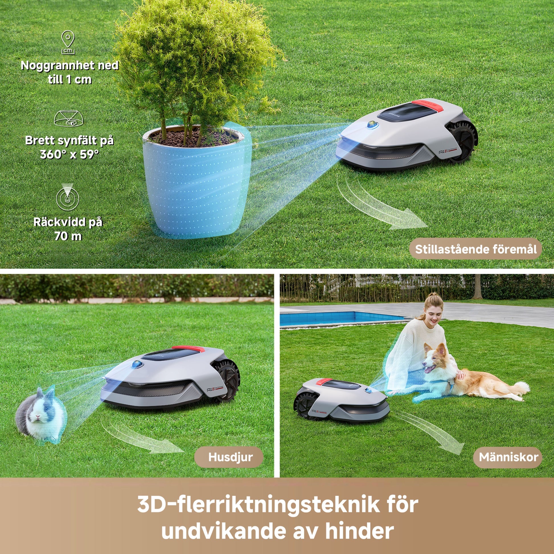 Dreame A1 Pro robotplæneklipper med OmniSense 3D Ultra Sensing til registrering og undgåelse af forhindringer.