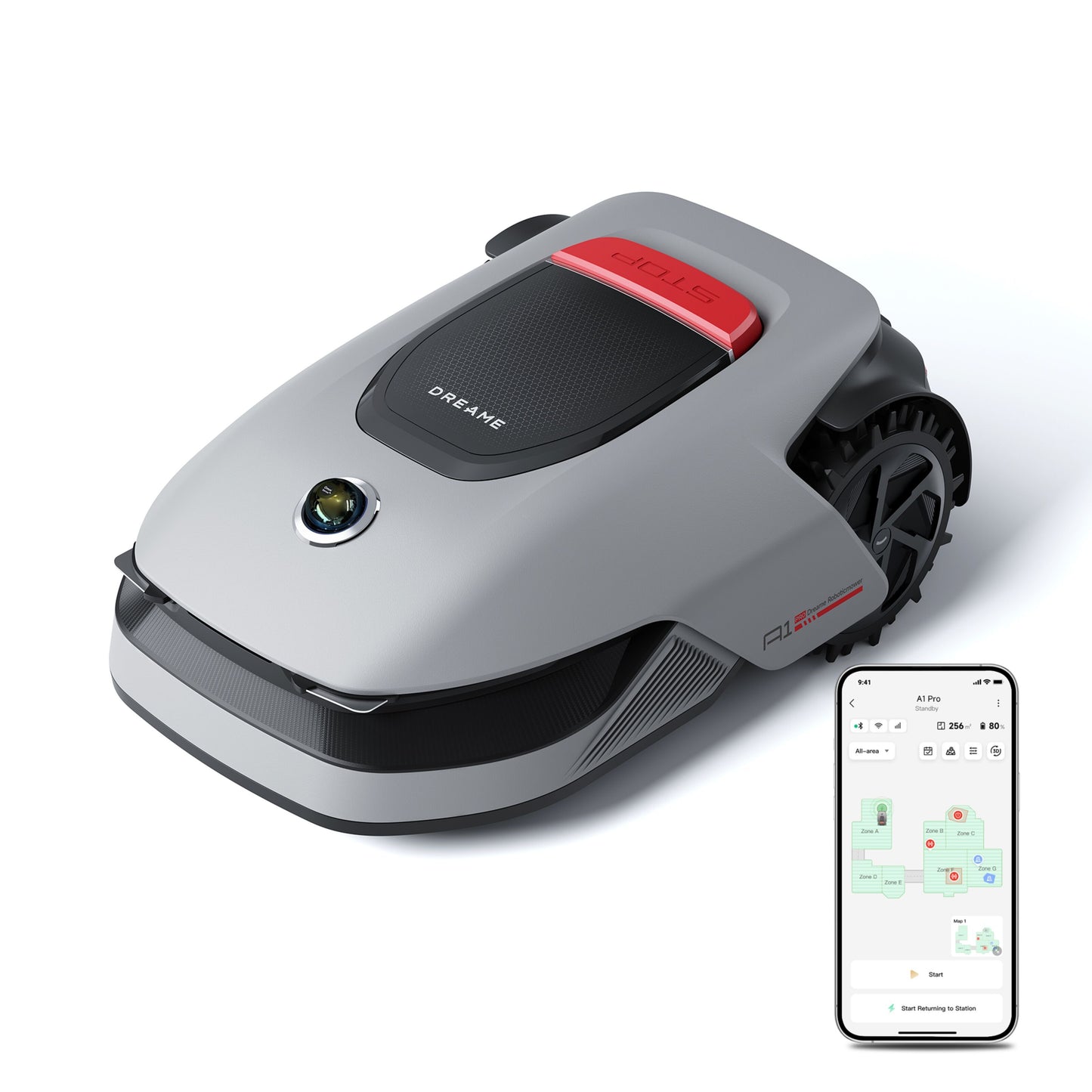 Dreame A1 Pro robotplæneklipper grå med rød STOP-knap, frontkamera, OmniSense 3D Ultra Sensing og justerbar klippehøjde.