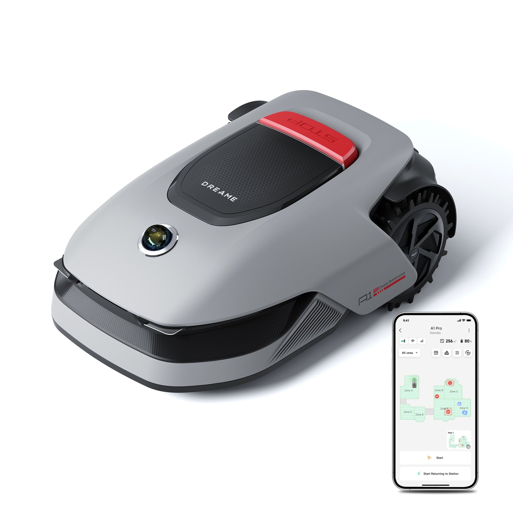 Dreame A1 Pro robotplæneklipper grå med rød STOP-knap, frontkamera, OmniSense 3D Ultra Sensing og justerbar klippehøjde.