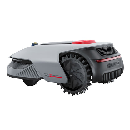 Dreame A1 Pro robotplæneklipper grå/sort med rød topknap, robust hjul, OmniSense 3D og vent-lignende detaljer.