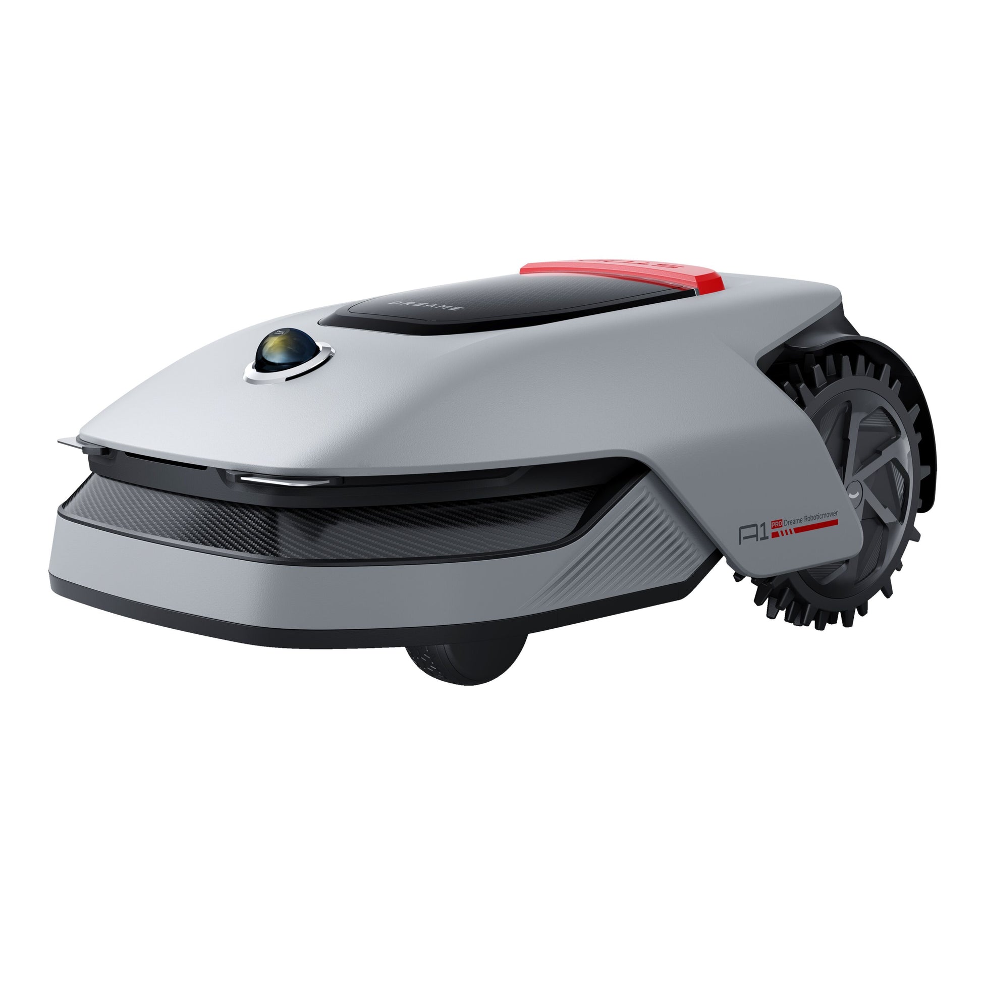 Dreame A1 Pro robotplæneklipper i hvid og sort med røde detaljer, teksturerede hjul og justerbar klippehøjde.