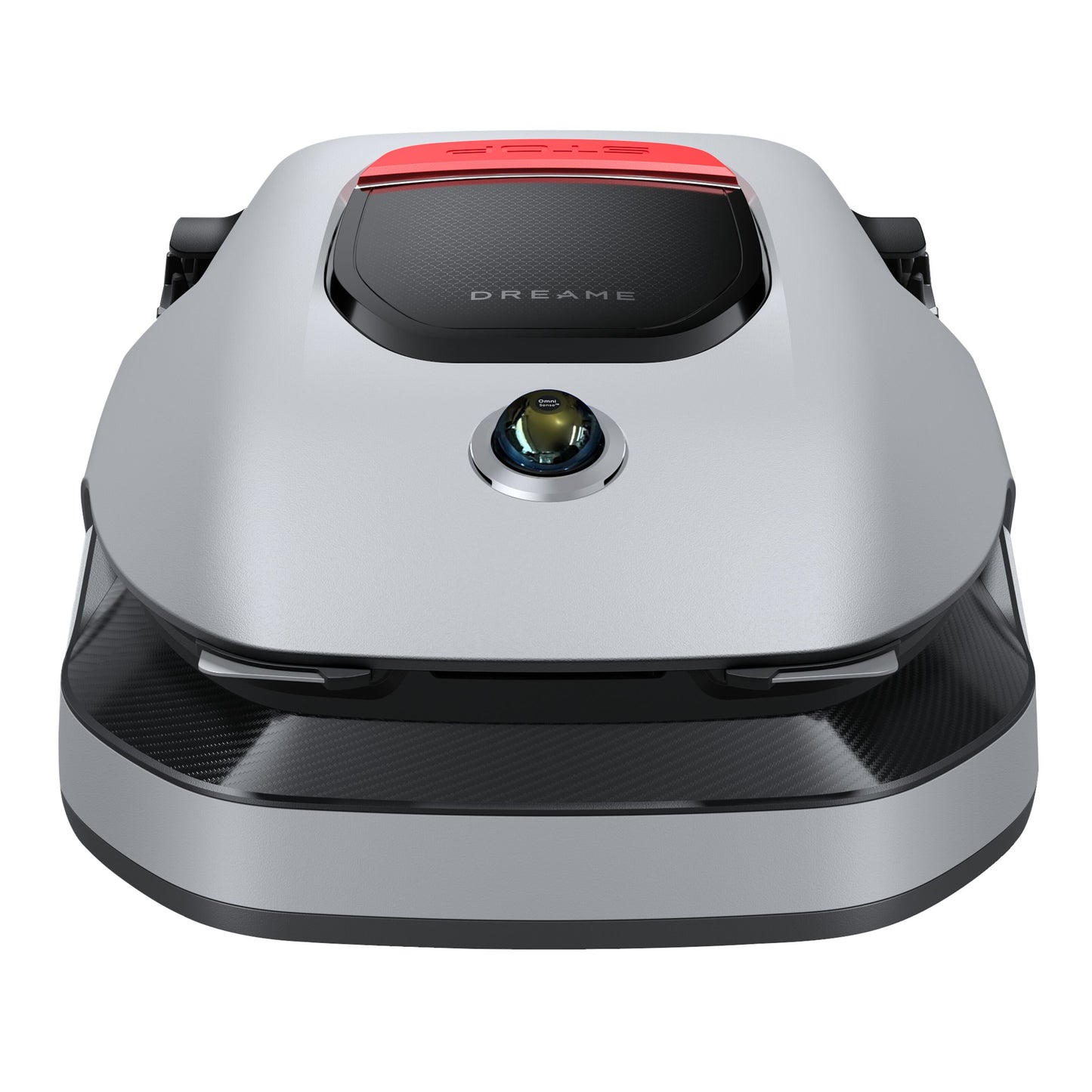 Dreame A1 Pro robotplæneklipper i sølv og sort med OmniSense 3D Ultra Sensing, hævet kamerasensor, Dreame-logo centralt.