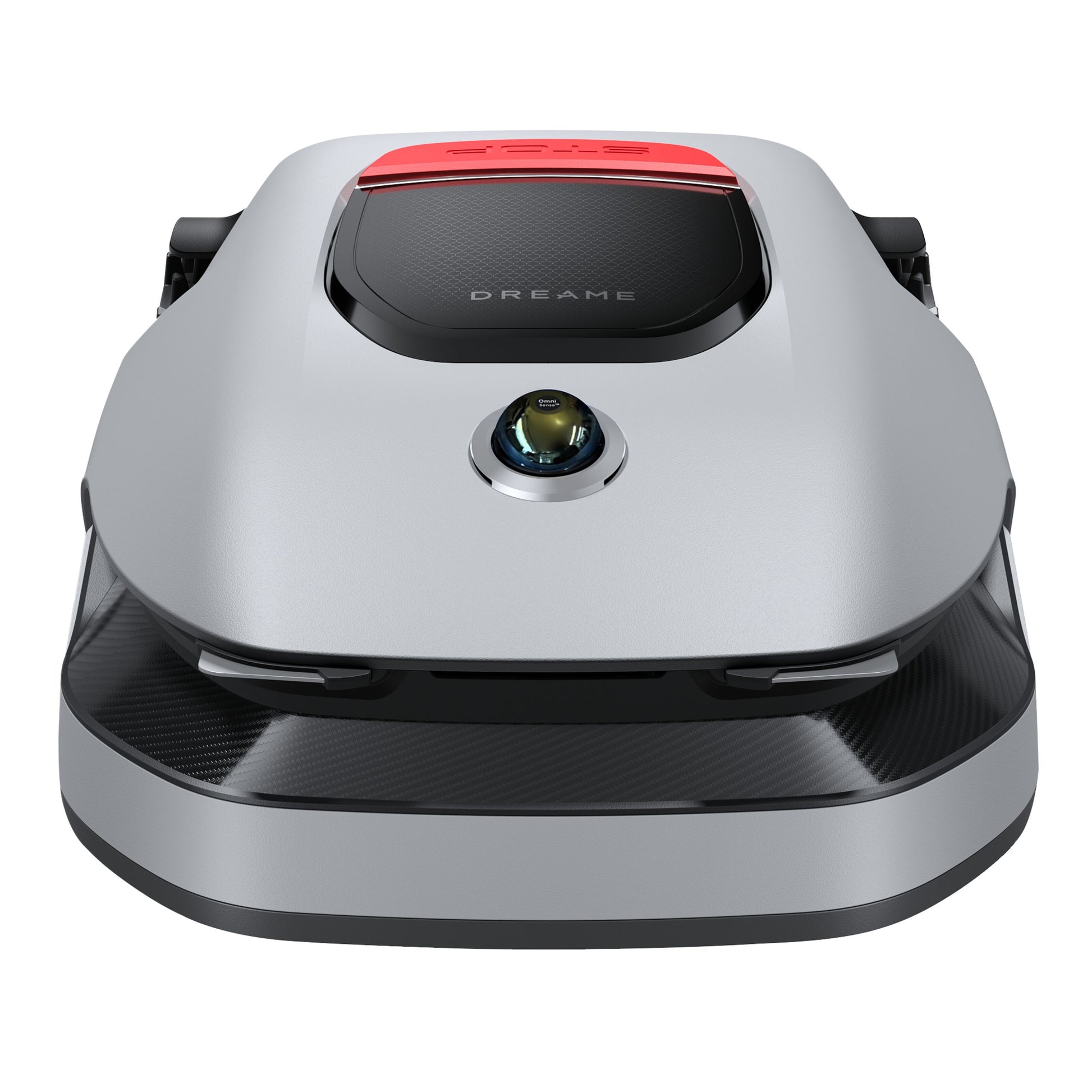 Dreame A1 Pro robotplæneklipper i sølv og sort med OmniSense 3D Ultra Sensing, hævet kamerasensor, Dreame-logo centralt.