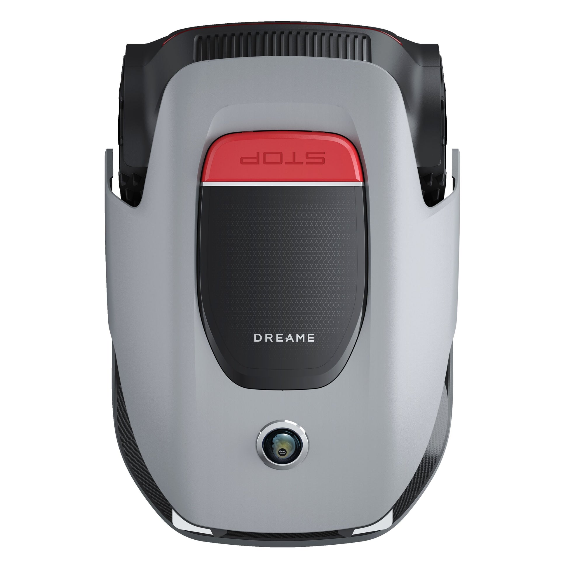 Dreame A1 Pro robotplæneklipper grå/sort med OmniSense 3D Ultra Sensing, rød STOP-knap og Dreame-logo på fronten.