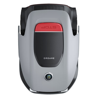 Dreame A1 Pro robotplæneklipper grå/sort med OmniSense 3D Ultra Sensing, rød STOP-knap og Dreame-logo på fronten.