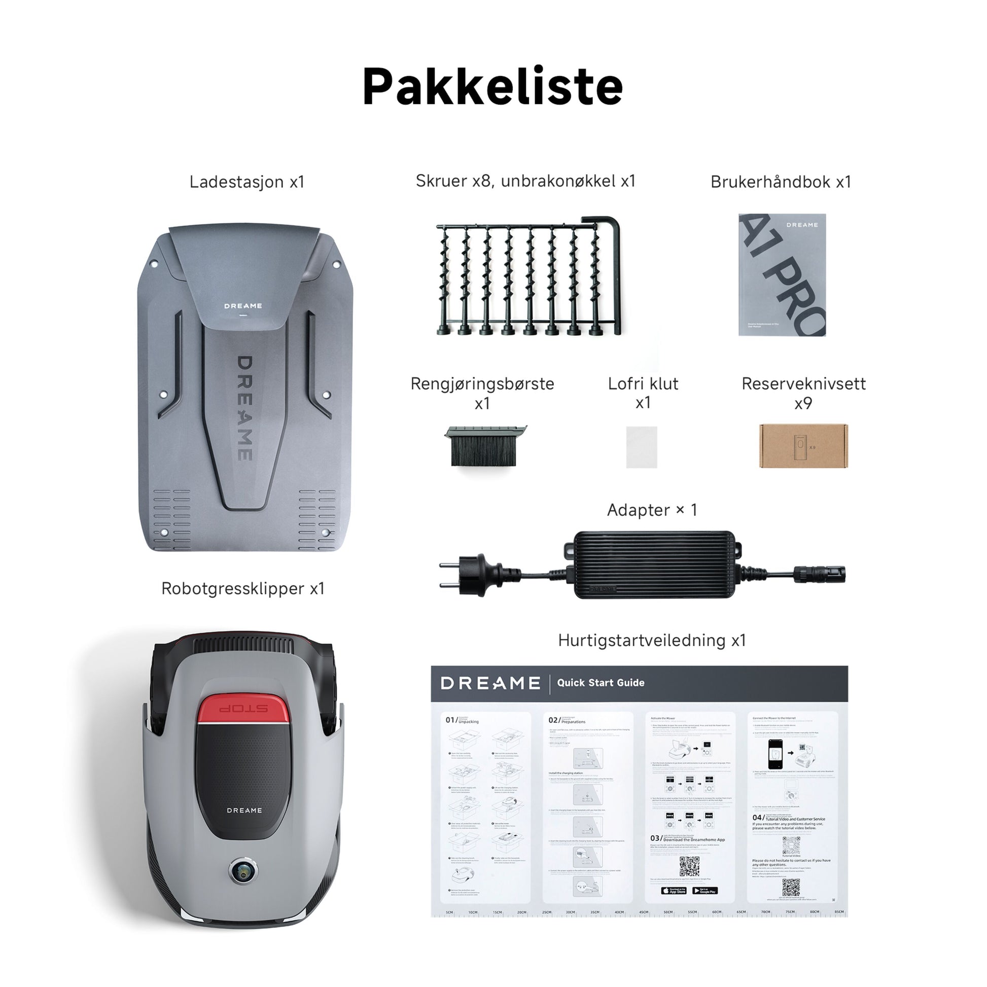 Dreame A1 Pro robotplæneklipper med OmniSense 3D Ultra Sensing, ladestation, manual, børste, signalråd og ekstra knive.