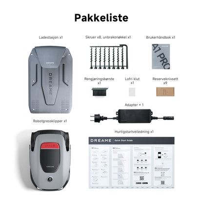 Dreame A1 Pro robotplæneklipper med OmniSense 3D Ultra Sensing, ladestation, manual, børste, signalråd og ekstra knive.