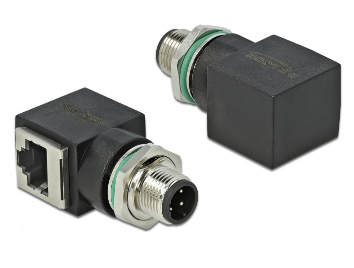 Delock netværksadapter sort, M12 4-pin han til RJ45 jack, grønne tætningsringe, ethernetport og M12-stik.