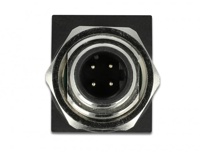 Delock Netværksadapter M12 4-pin han til RJ45, rund sort socket med guldkontakter, industriel netværksadapter.