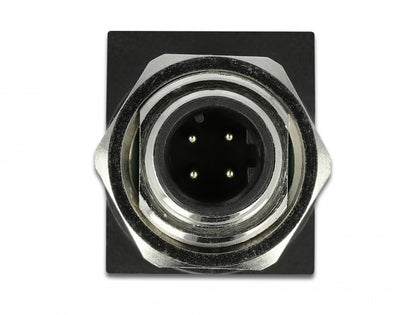 Delock Netværksadapter M12 4-pin han til RJ45, rund sort socket med guldkontakter, industriel netværksadapter.