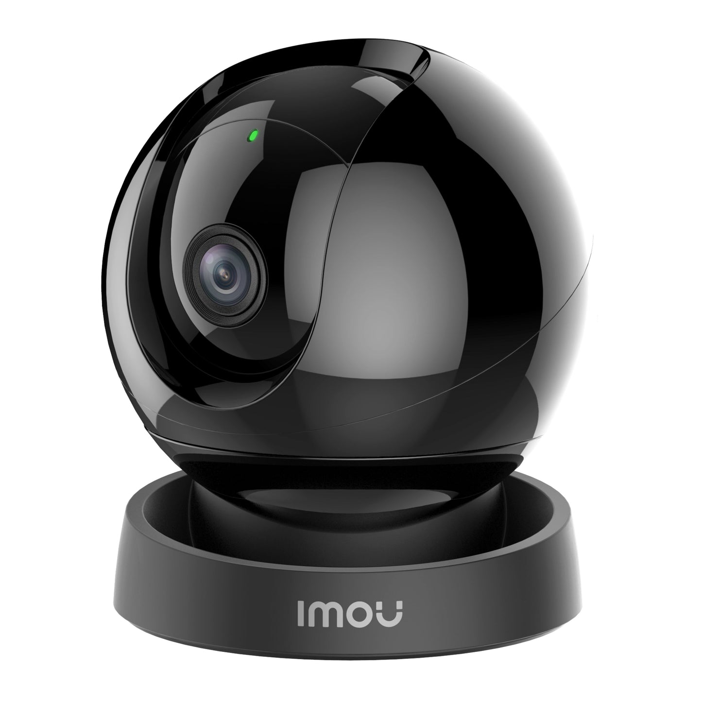 Imou Rex 3D 5 MP trådløs indendørskamera, sort, kugleformet med frontlinse og grøn indikator på IMOU-base.
