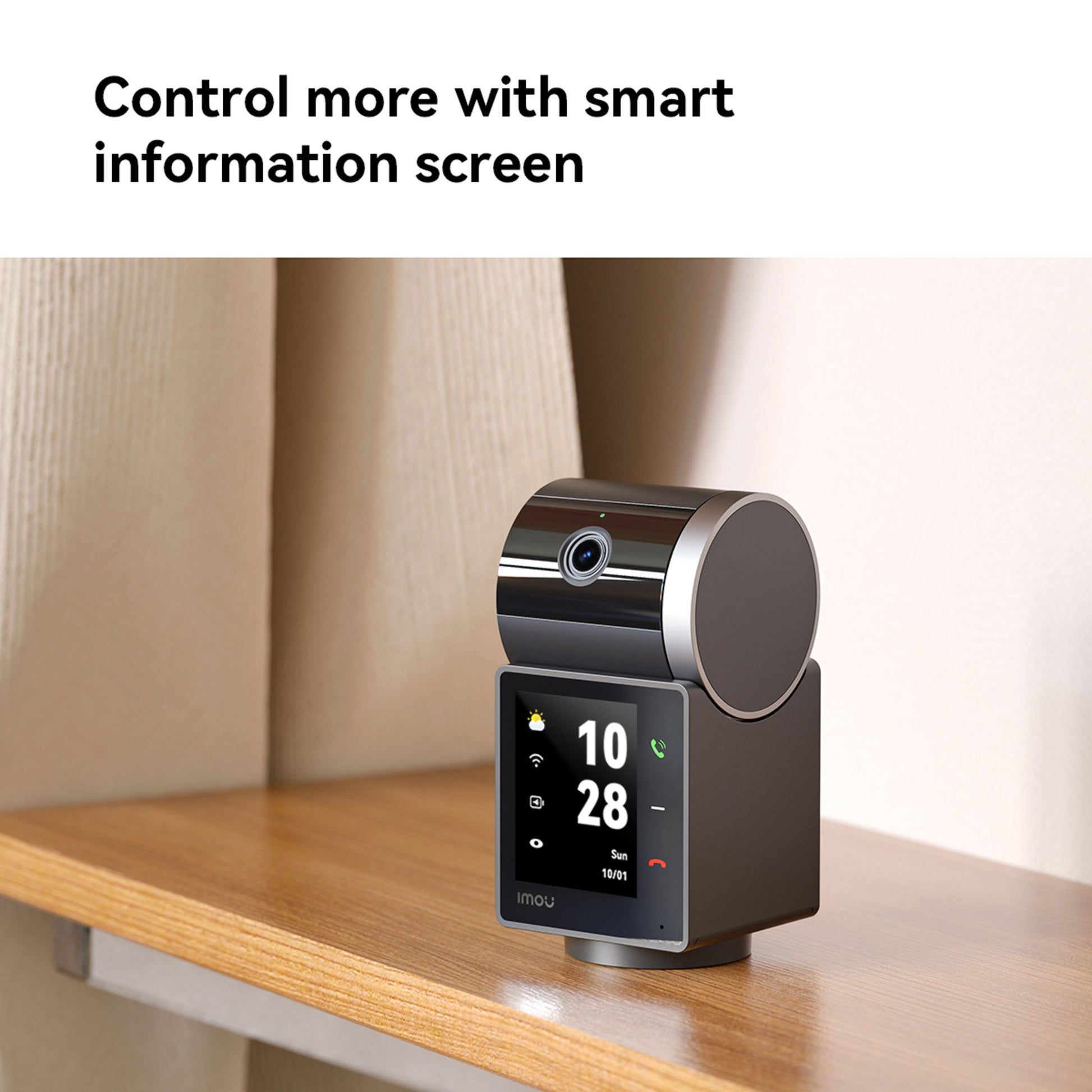Imou Rex VT Pro 5 MP trådløst indendørskamera på hylde, smart display med tid, dato og ikoner.