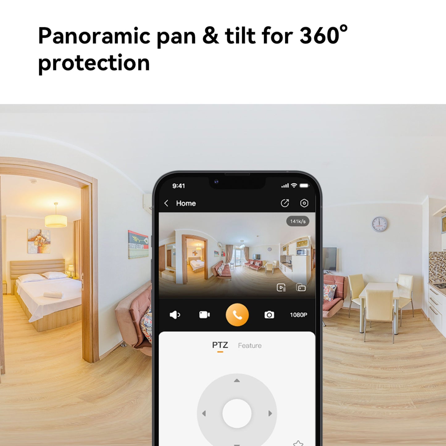 Imou Rex VT Pro 5 MP trådløs indendørskamera vises med 360° panorama på smartphone, PTZ interface viser værelse og køkken.