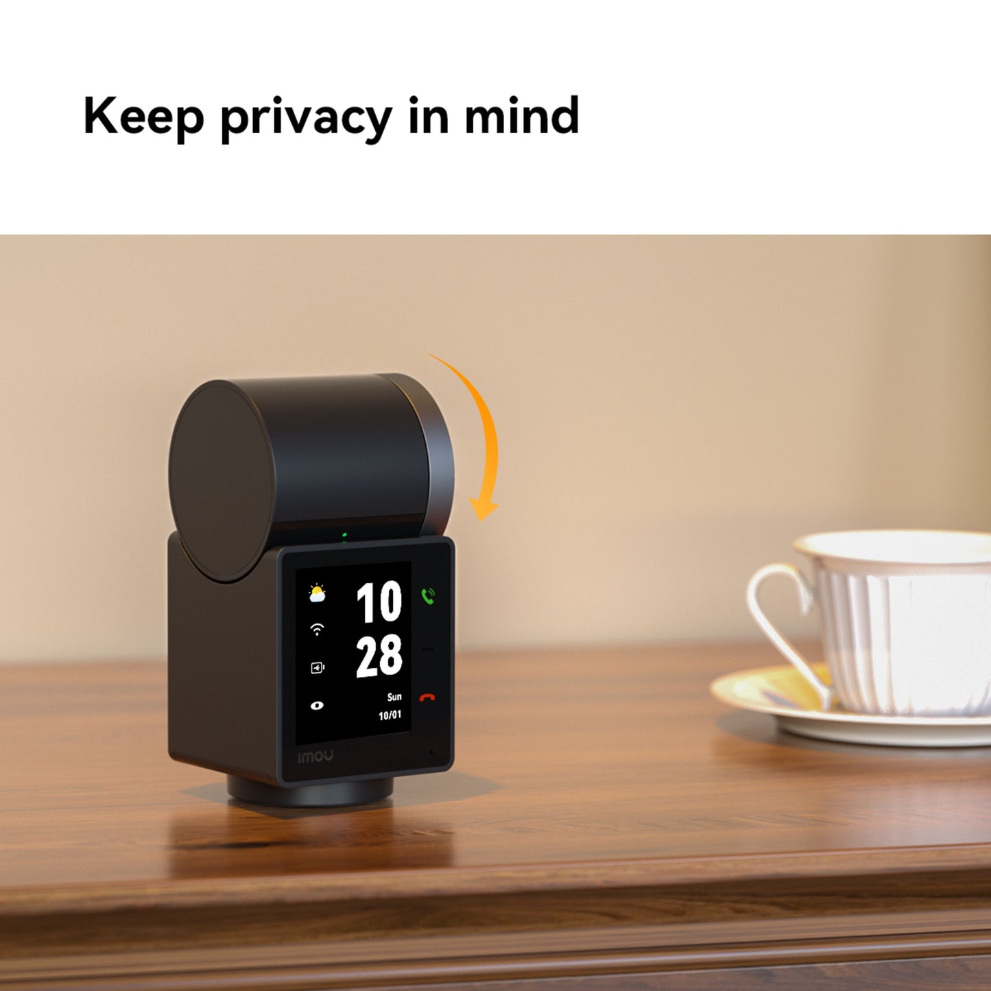 Imou Rex VT Pro 5 MP trådløst indendørskamera med AI-bevægelsesdetektion, roterende linse, digitalt display, orange pil og tekst.