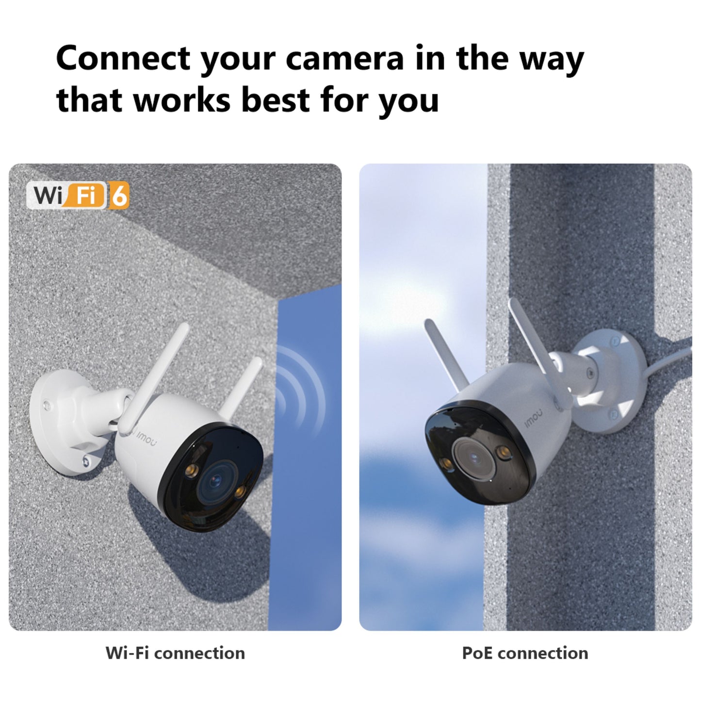 Imou Bullet 3 3MP trådløs overvågningskamera Wi-Fi 6 og PoE side om side, tekst med forbindelsesvalg og AI-detektering.