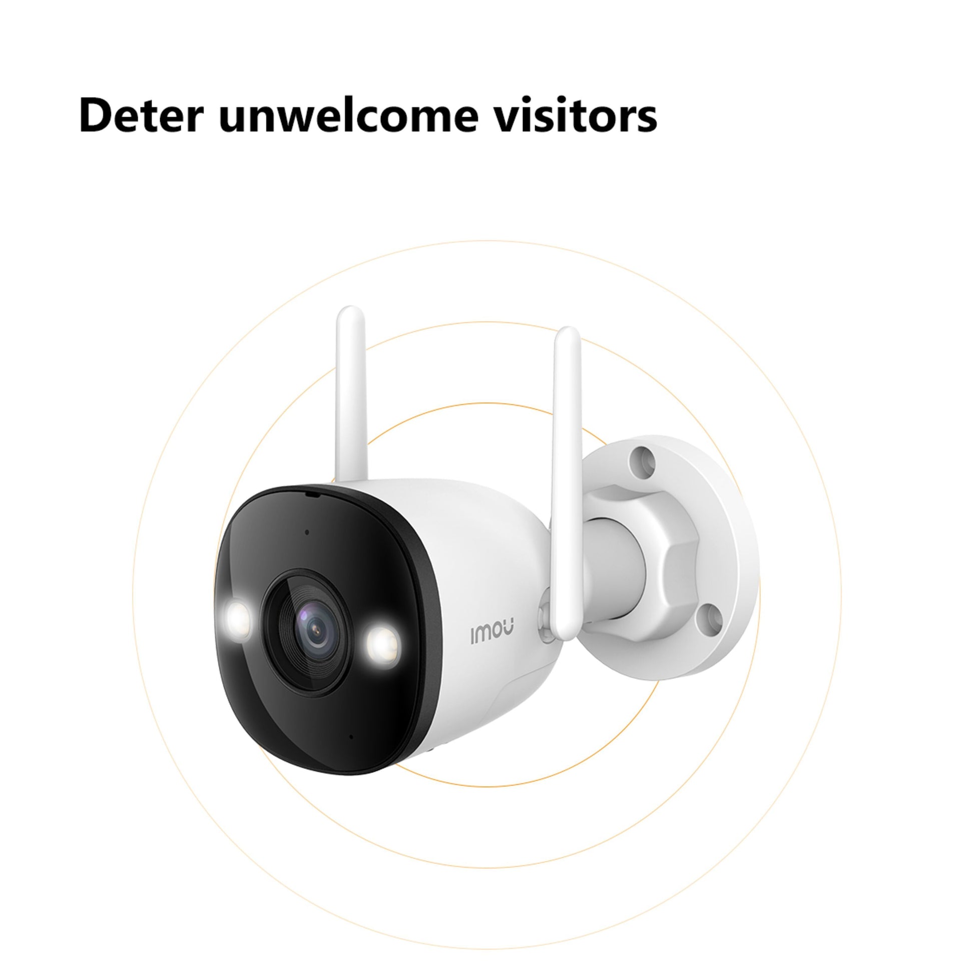 Imou Bullet 3 3MP trådløst overvågningskamera på væg, lys tændt, tekst "Deter unwelcome visitors" over kamera.