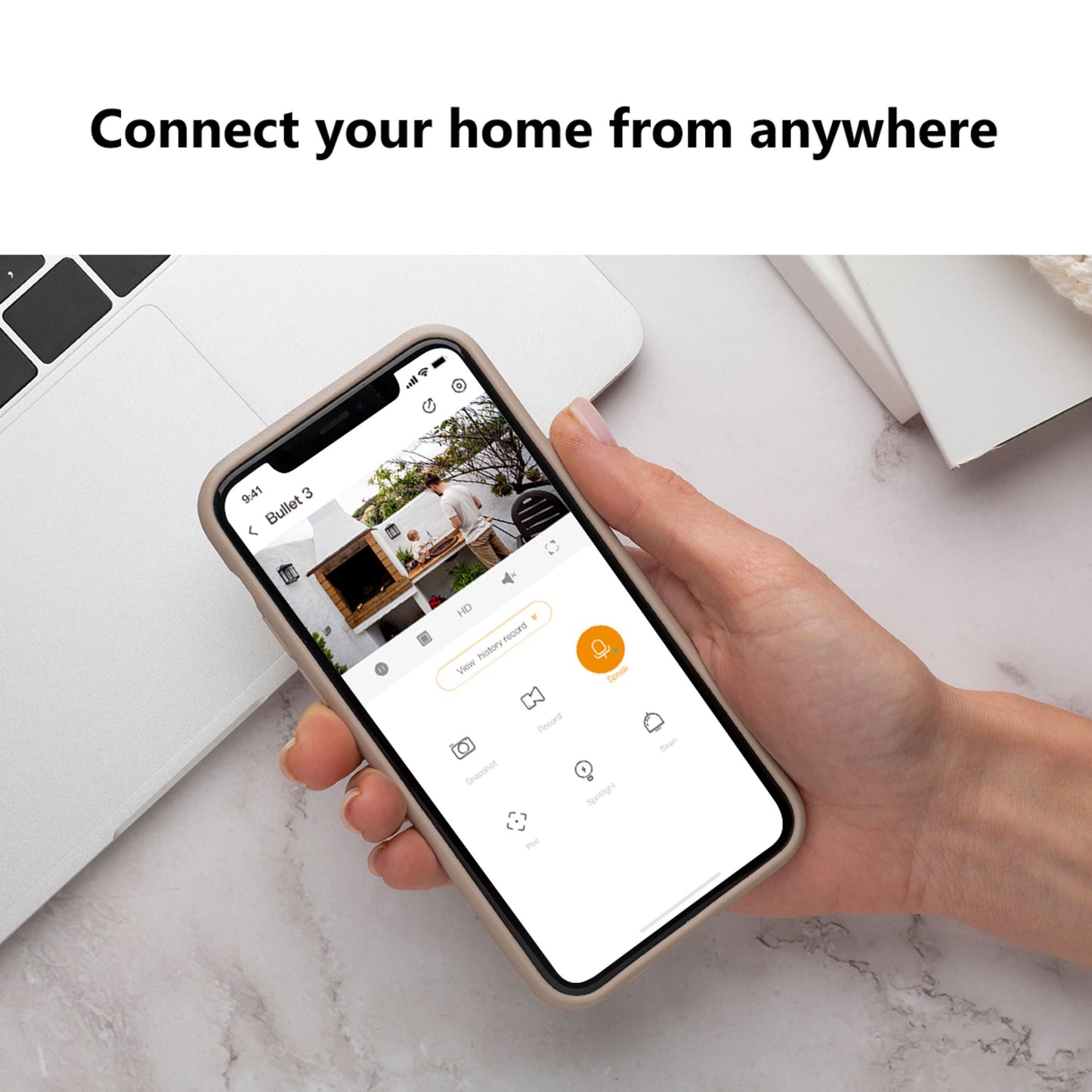 Imou Bullet 3 3MP trådløst overvågningskamera med AI-detektering vist i app på smartphone.