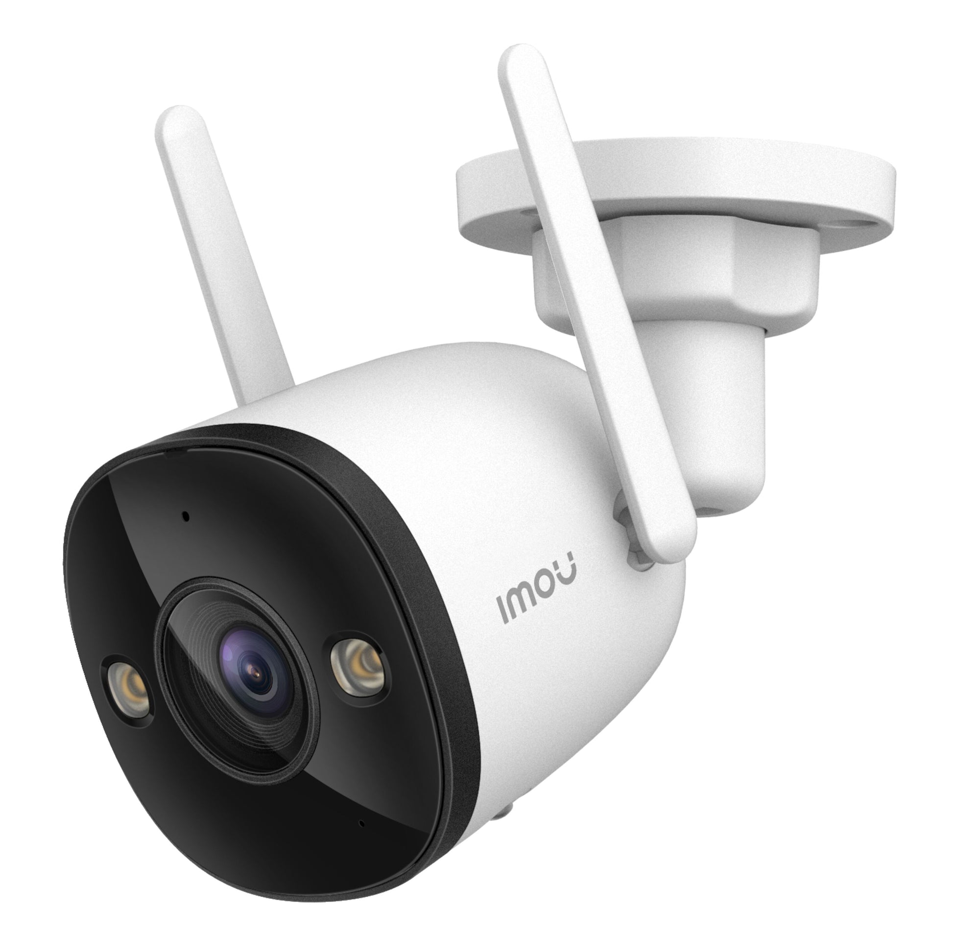 Imou Bullet 3 3 MP trådløst overvågningskamera med to antenner, vægbeslag, sorteret front, centreret linse, LED-lys og Imou-logo.