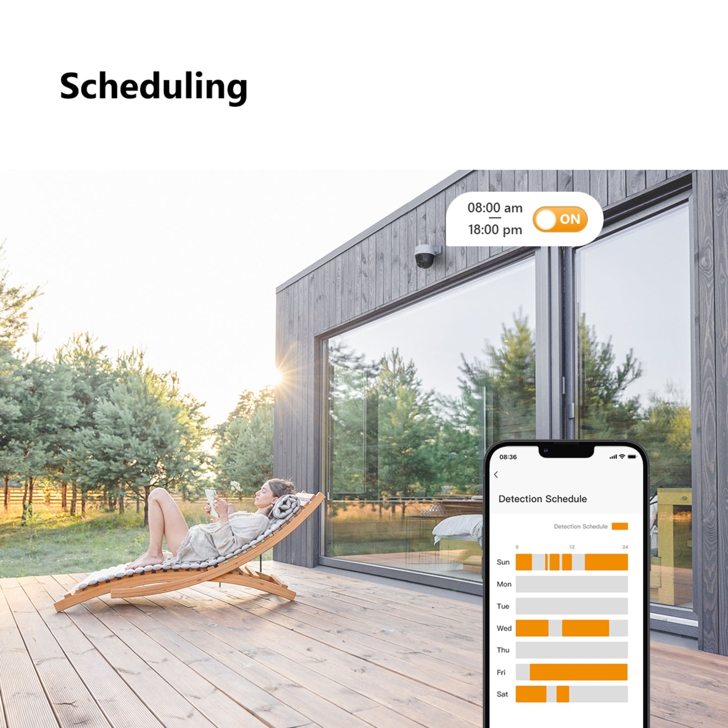 Imou Krydstogt 2C 5MP trådløst overvågningskamera monteret udendørs, smartphone viser scheduling-funktion.