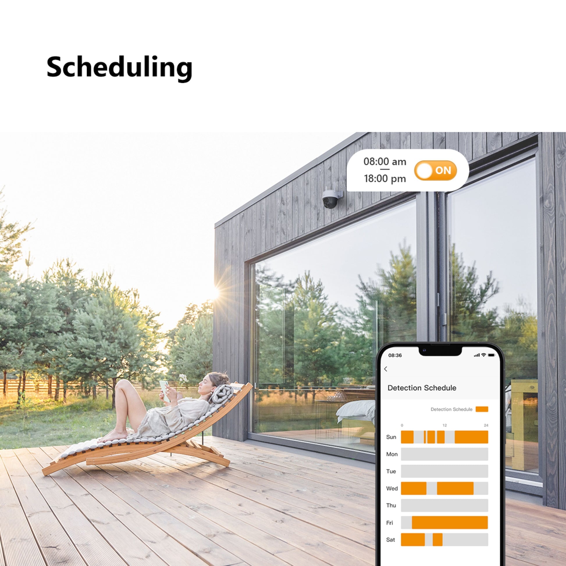 Imou Krydstogt 2C 5MP trådløst overvågningskamera monteret udendørs, smartphone viser scheduling-funktion.