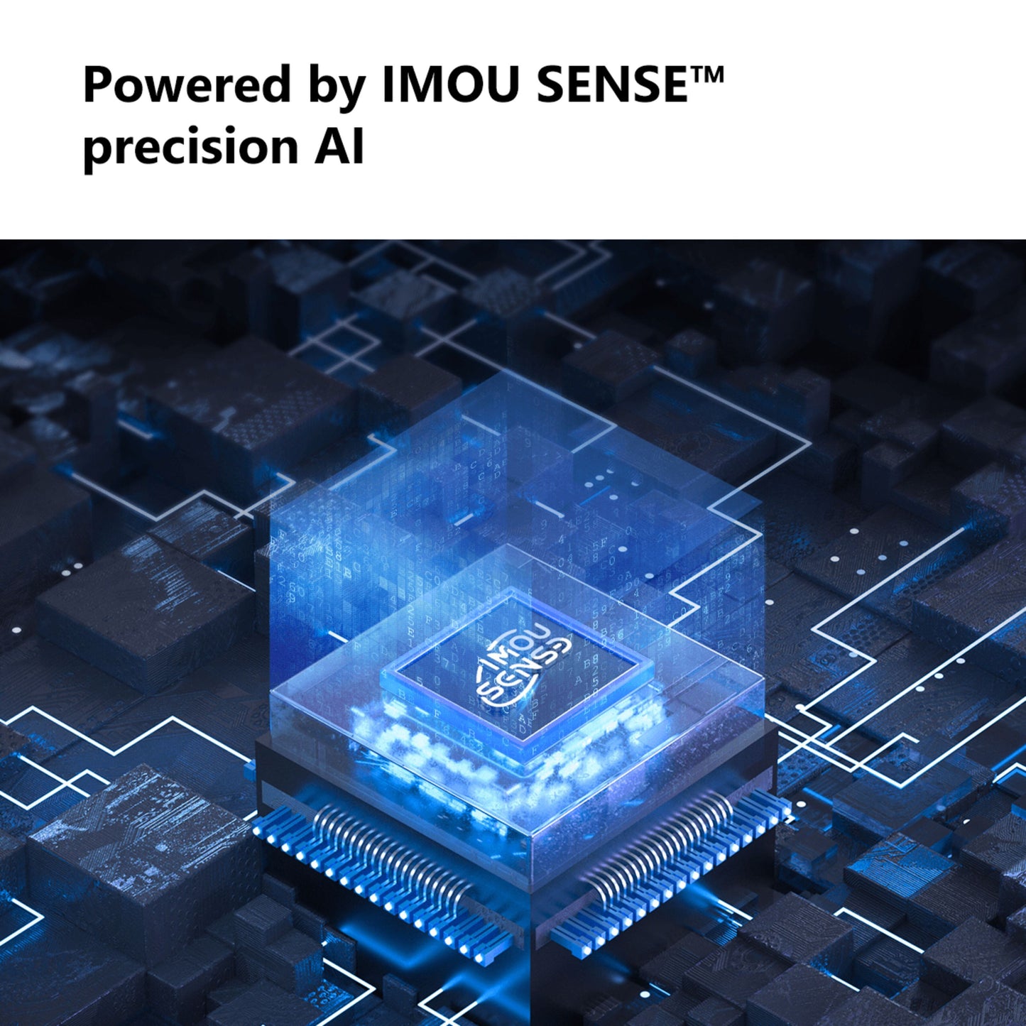 Imou Krydstogt 2C 5MP trådløst overvågningskamera, IMOU SENSE-mikrochip på printplade, tekst: Drevet af IMOU SENSE.