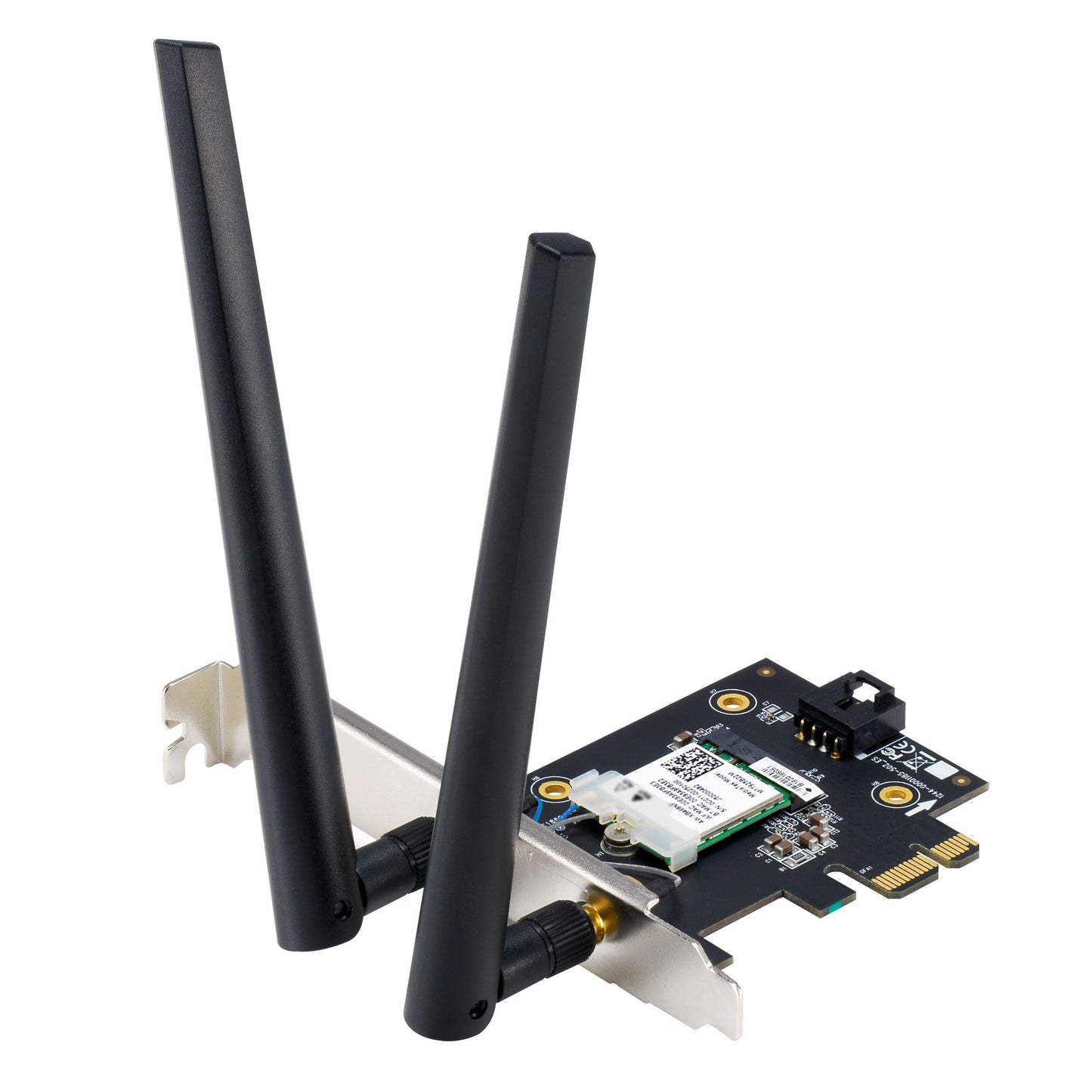 Asus PCE-BE6500 Wifi 7 Tri-Band PCIe netværkskort med to opretstående eksterne antenner og kompakt printkort.