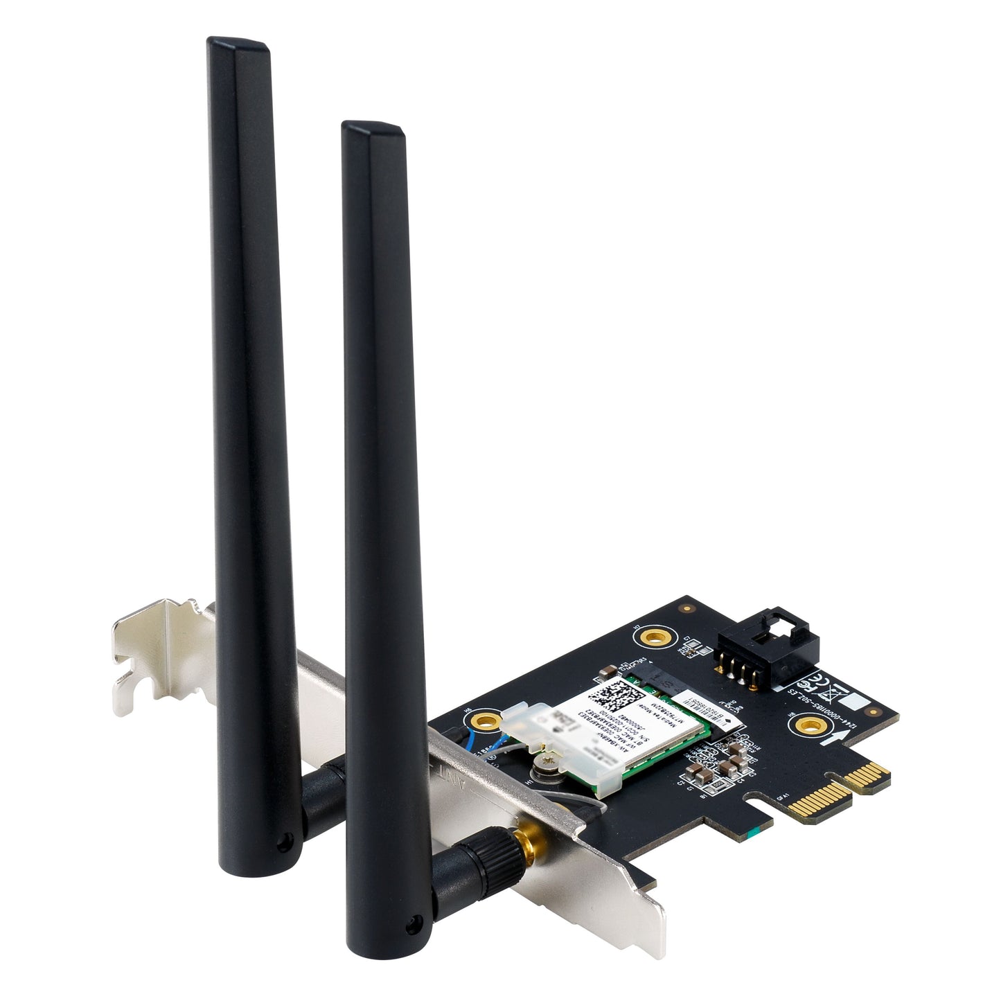 Asus PCE-BE6500 Wifi 7 Tri-Band PCIe netværkskort sort, to antenner, sølvmonteringsbeslag, grøn printplade.
