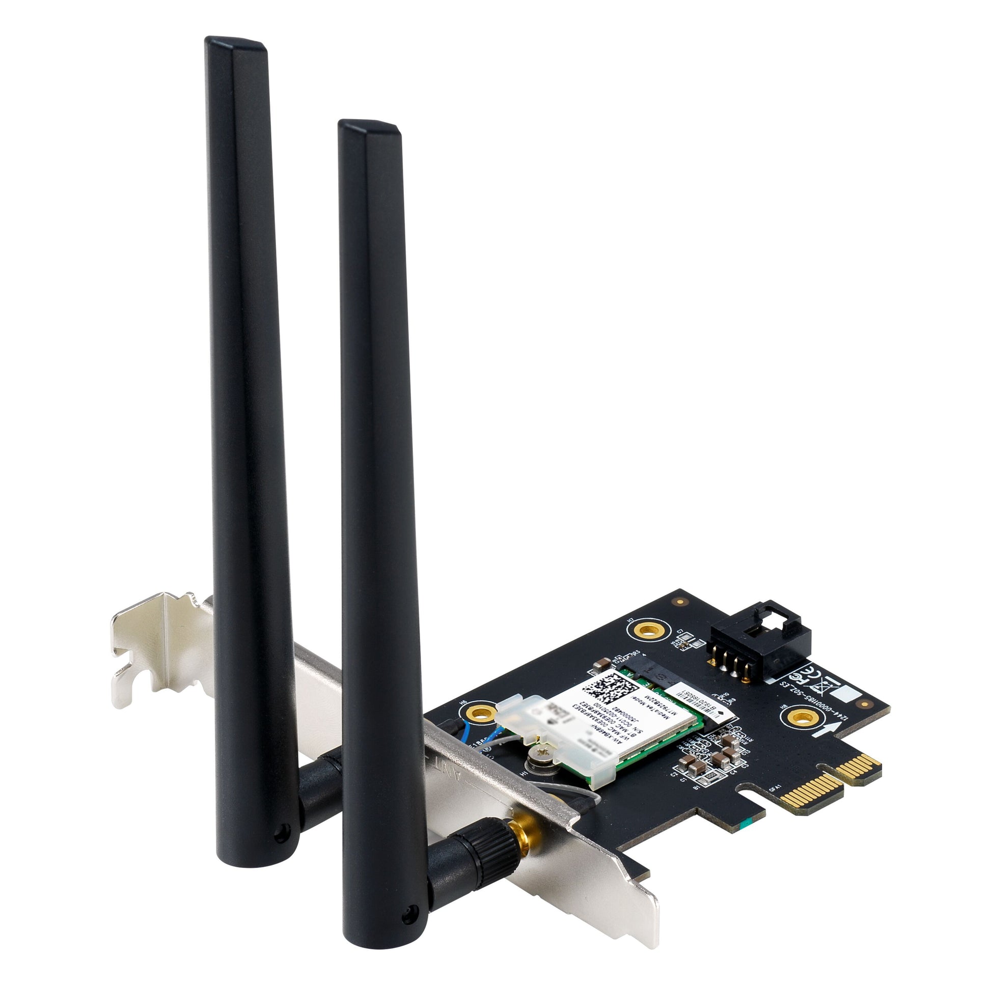 Asus PCE-BE6500 Wifi 7 Tri-Band PCIe netværkskort sort, to antenner, sølvmonteringsbeslag, grøn printplade.