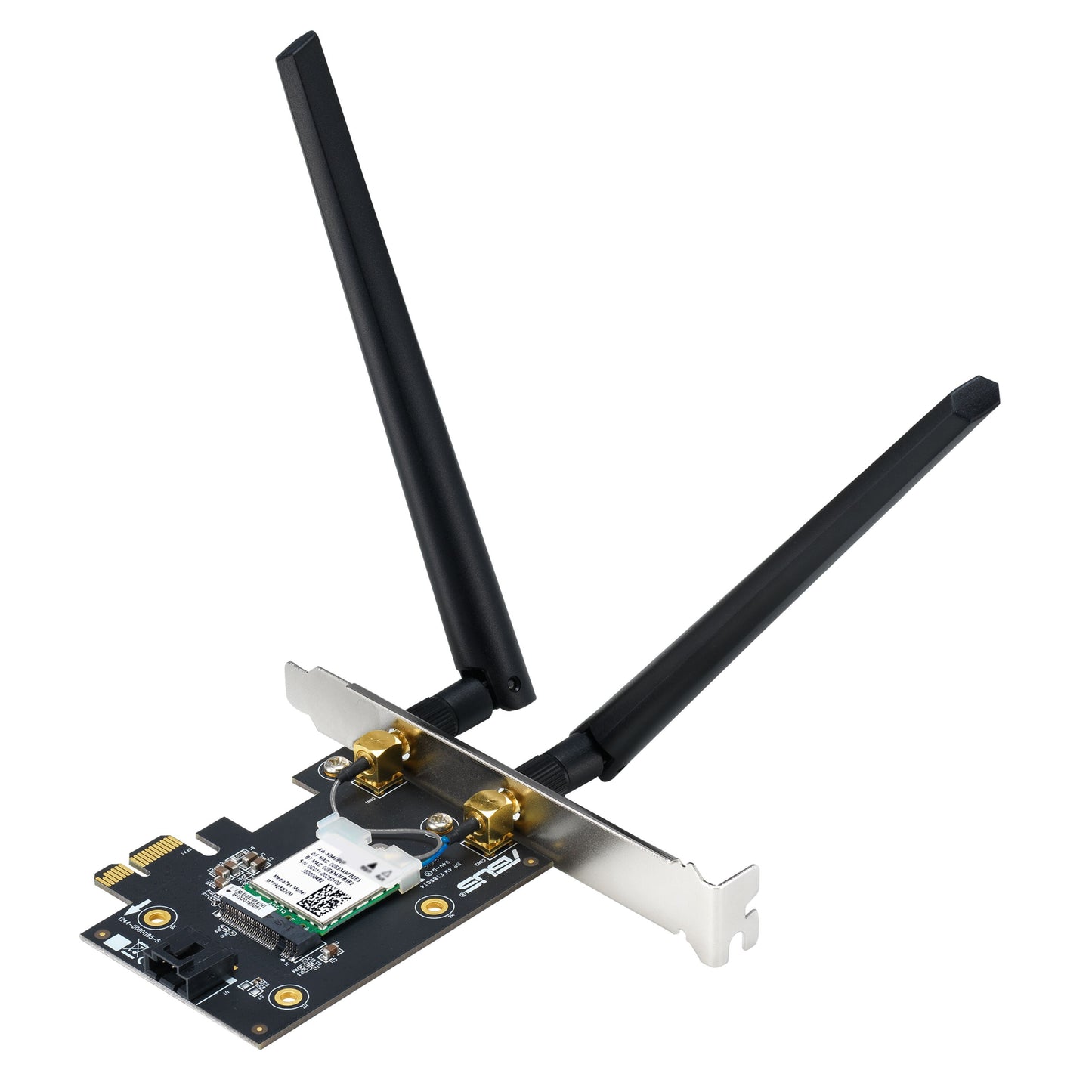 Asus PCE-BE6500 Wifi 7 Tri-Band PCIe netværkskort med to slags antenner, metalbeslag og synlige komponenter på sort print.
