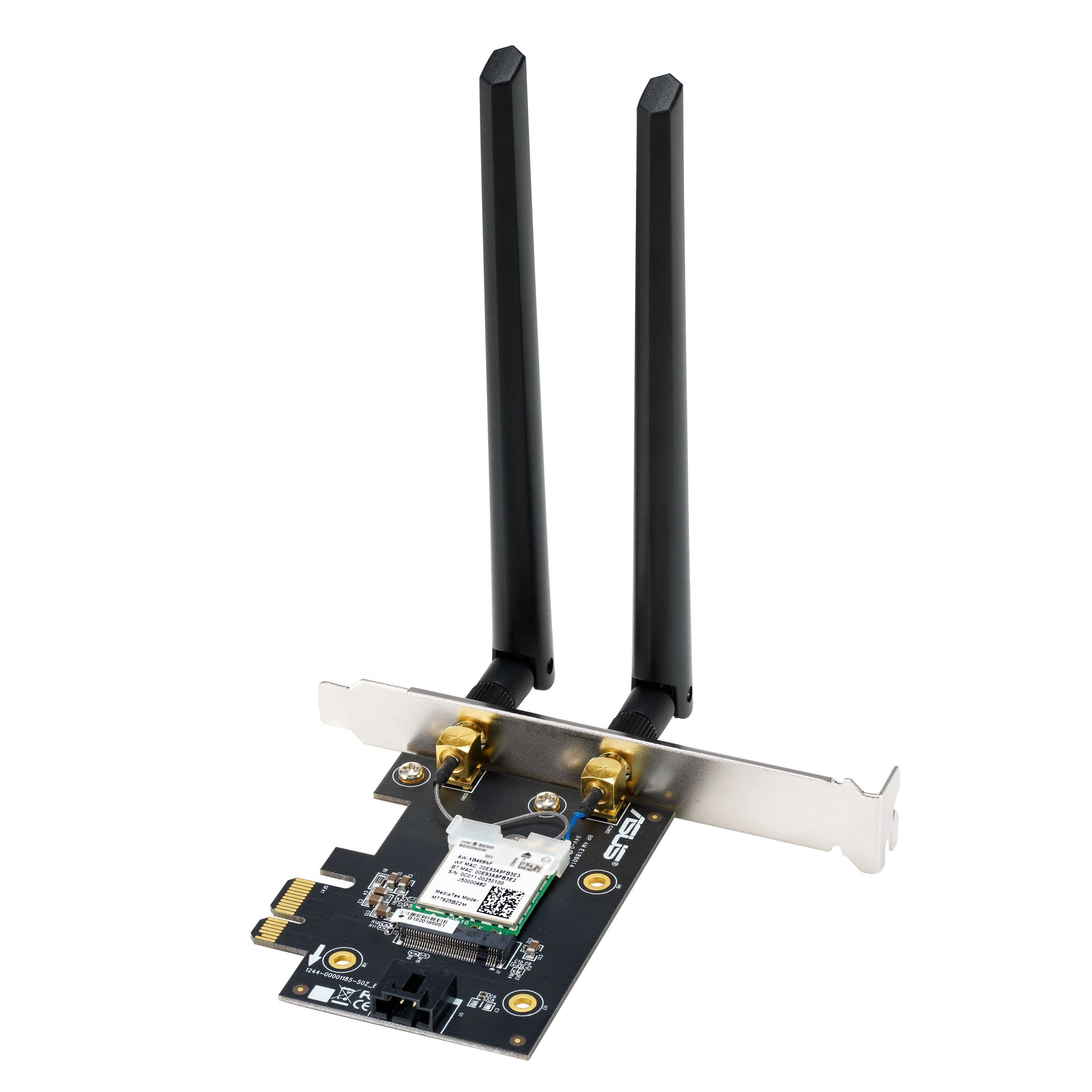 Asus PCE-BE6500 Wifi 7 Tri-Band PCIe netværkskort med to slags eksterne antenner, metalbeslag, synligt kredsløb og stik.