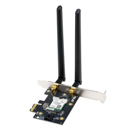 Asus PCE-BE6500 Wifi 7 Tri-Band PCIe netværkskort med to slags eksterne antenner, metalbeslag, synligt kredsløb og stik.
