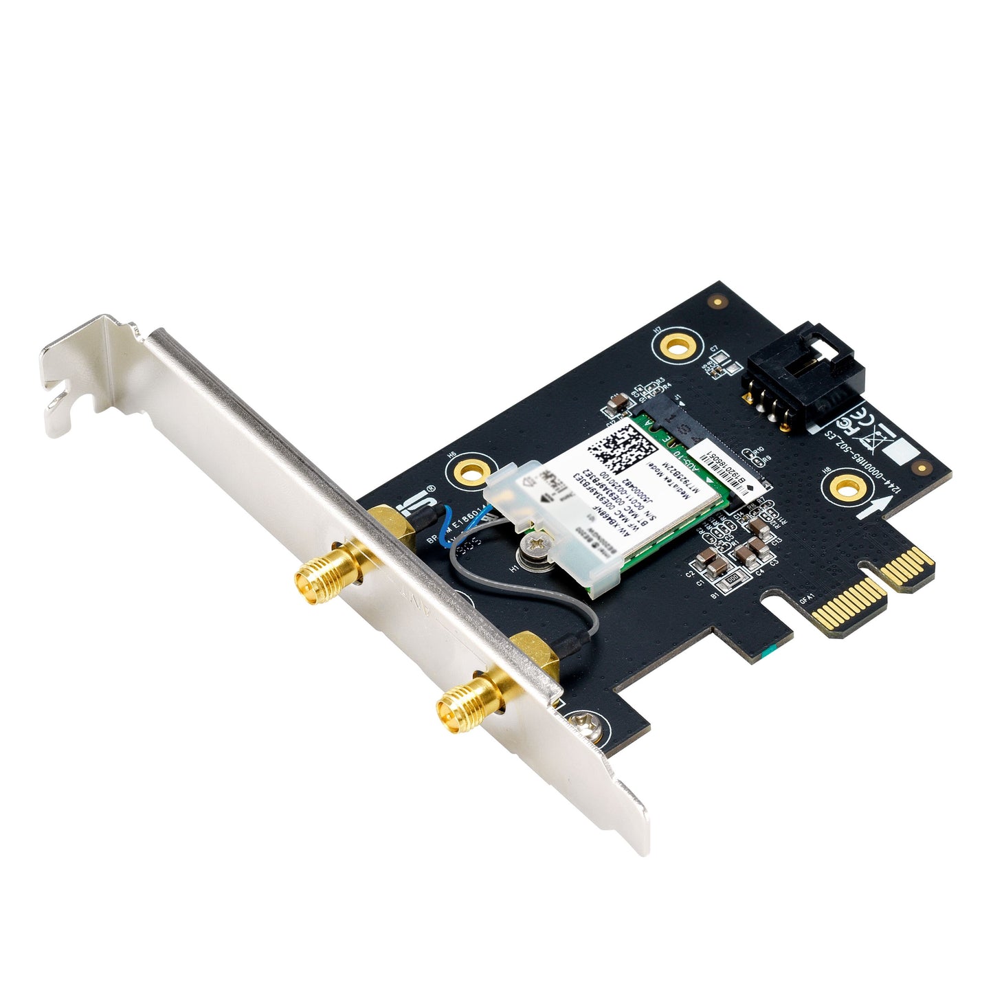 Asus PCE-BE6500 Wifi 7 Tri-Band PCIe netværkskort med to antenneporte, kompakt printplade og metalbeslag.