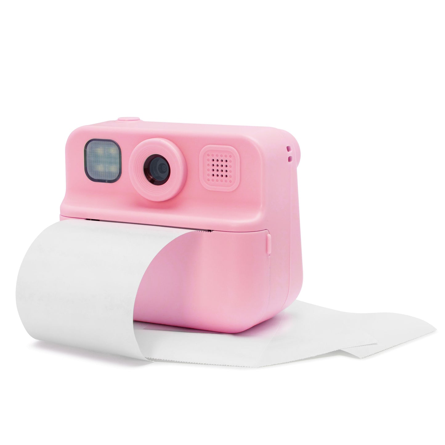 Luxorparts instant kamera til børn lyserød, udskriver billeder med fotopapir ført frem foran kameraet.