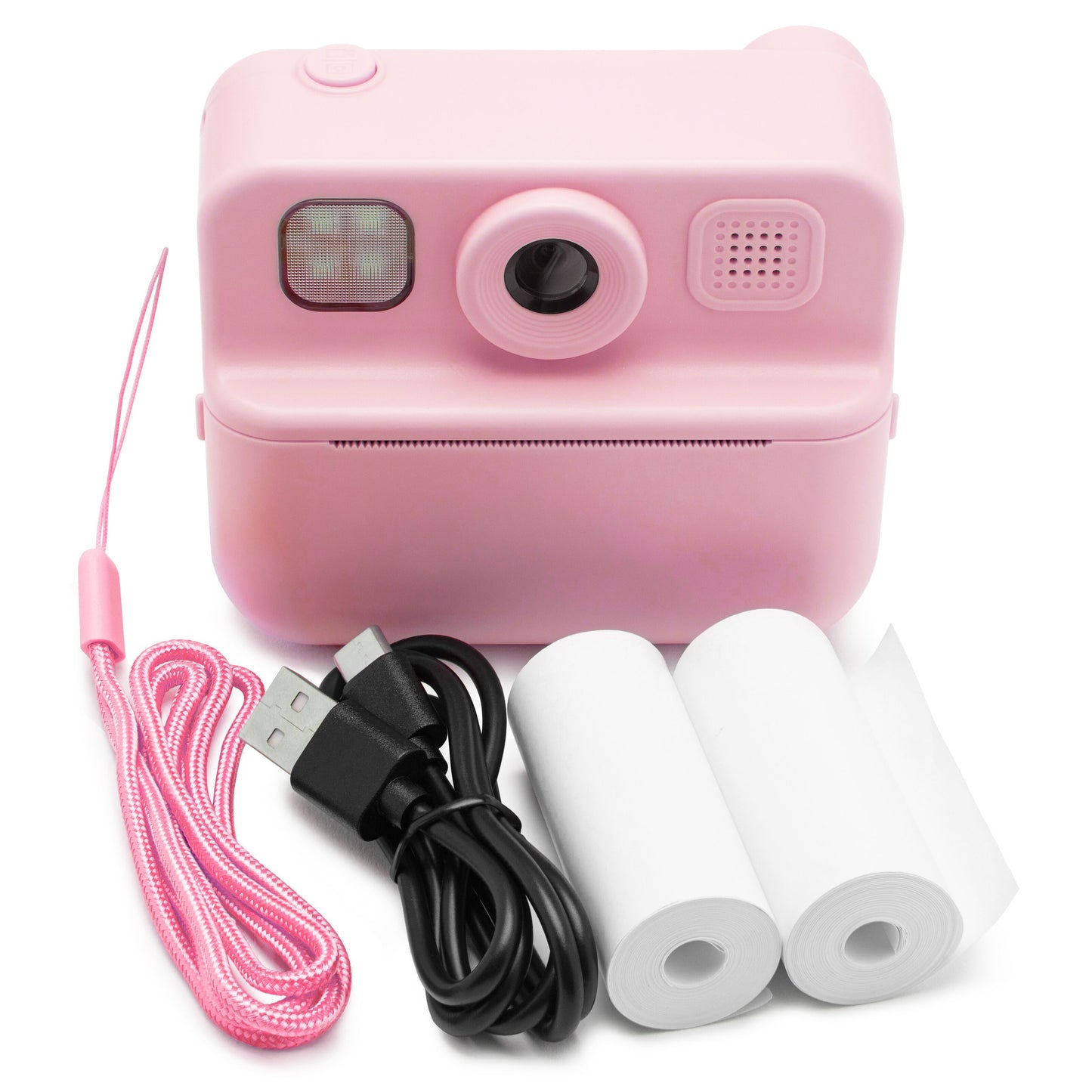 Instant kamera til børn lyserød med rem, to ruller hvidt fotopapir og sort USB-kabel.
