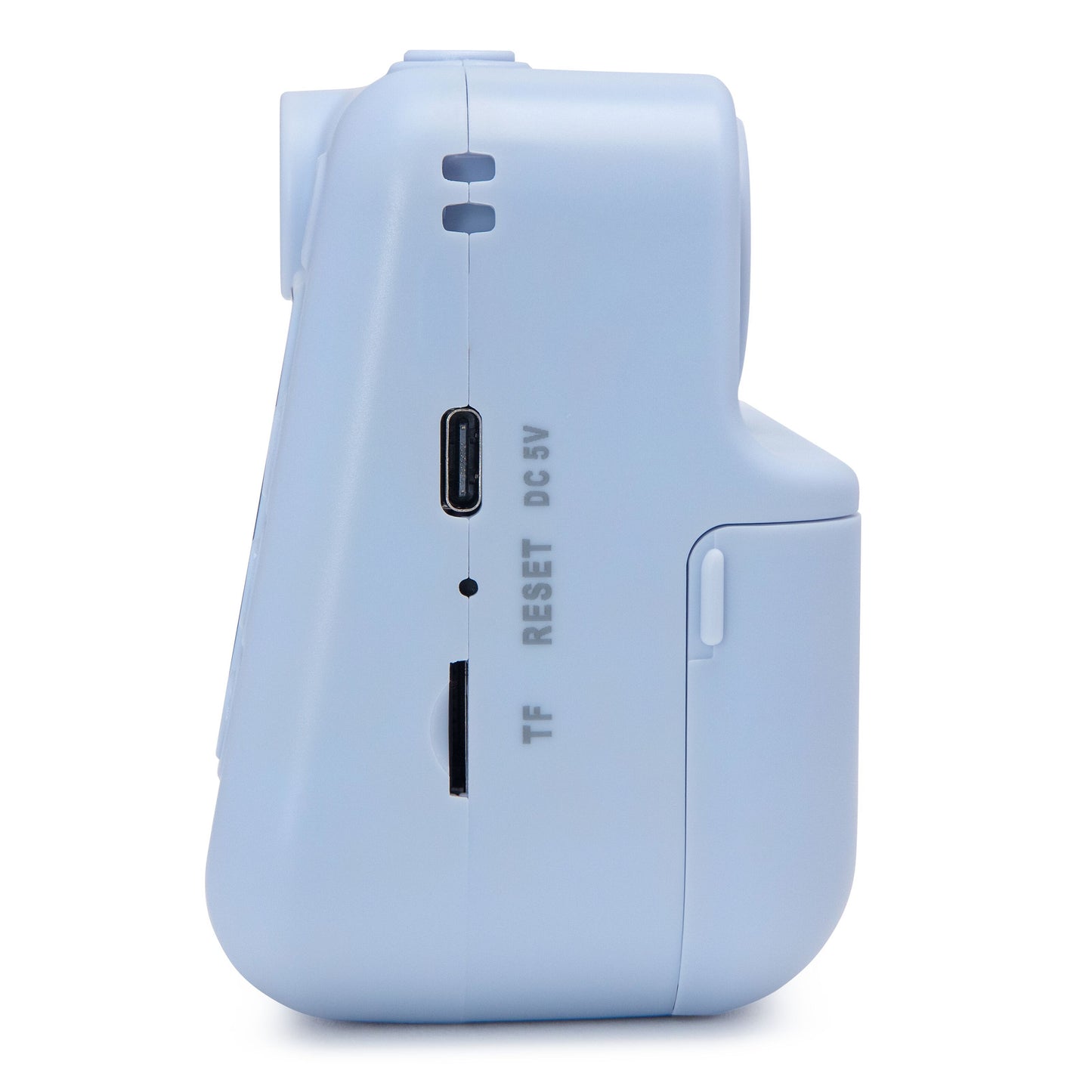 Luxorparts Instant kamera til børn blå fra siden med USB-C port, TF-microSD kortslot og resetknap.