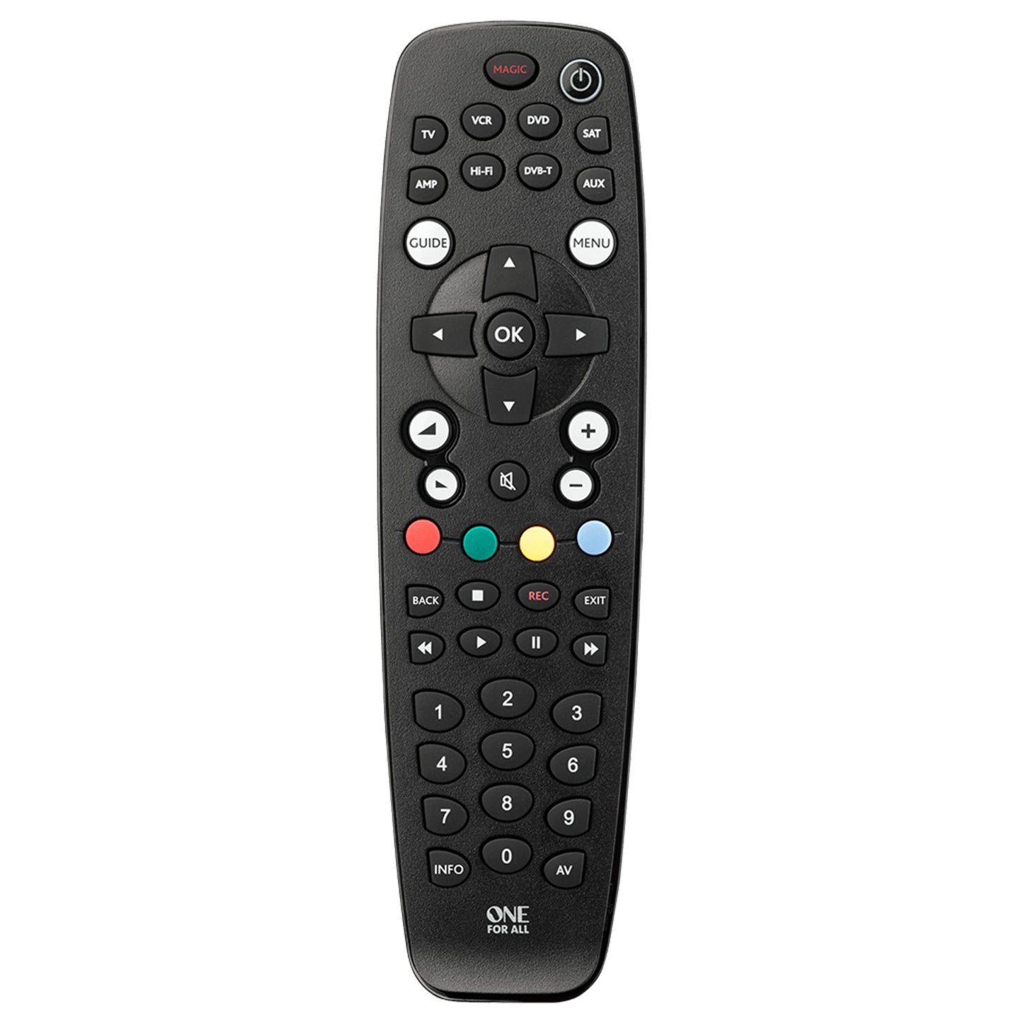 One For All universal fjernbetjening sort til 8 enheder med tal, navigation, TV/VCR/DVD/SAT valg, One For All-logo nederst.