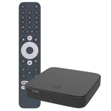 Stærk Android TV-boks SRT 420 DVB-T2, sortering, fjernbetjening med cirkulær navigation, Google Assistant og YouTube knap.