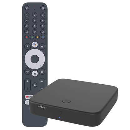 Stærk Android TV-boks SRT 420 DVB-T2, sortering, fjernbetjening med cirkulær navigation, Google Assistant og YouTube knap.