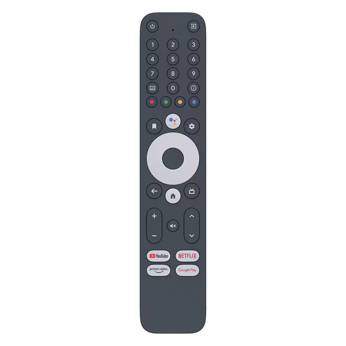 Stærk fjernbetjening sorteret til Android TV-boks SRT 420 DVB-T2 med cirkulær navigation, farvede knapper, streaming-genveje.