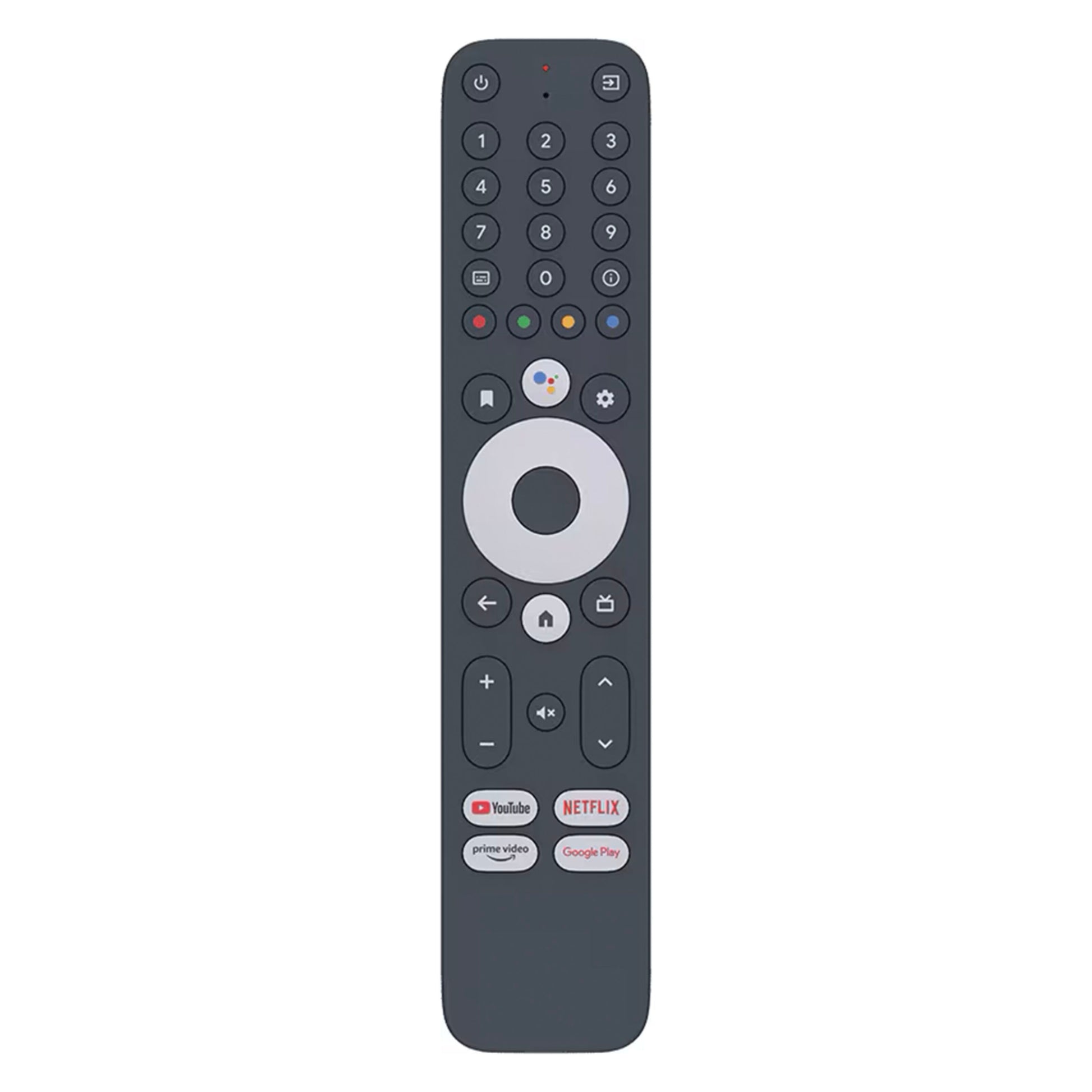 Stærk fjernbetjening sorteret til Android TV-boks SRT 420 DVB-T2 med cirkulær navigation, farvede knapper, streaming-genveje.