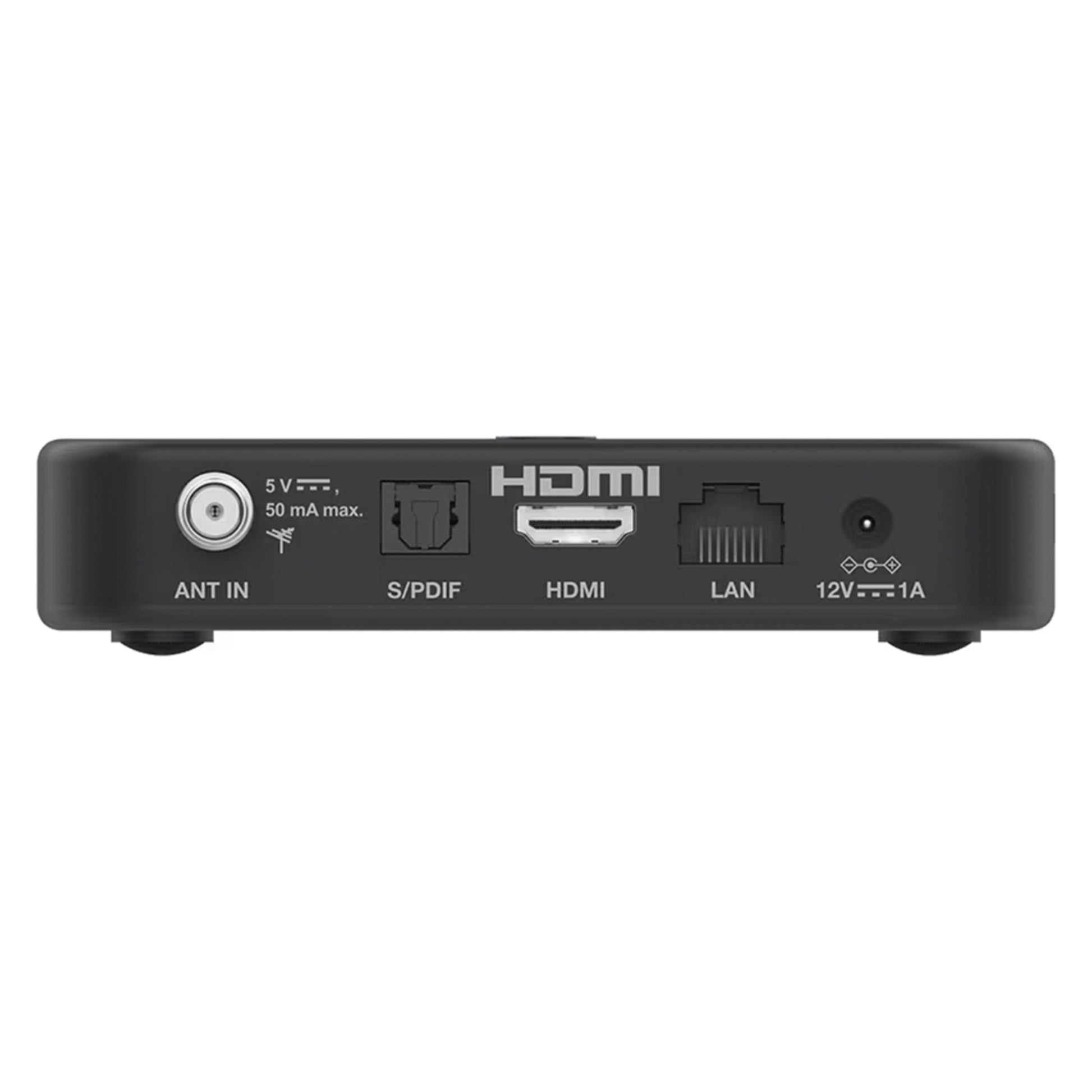 Strong Android TV-boks SRT 420 set bagfra med ANT IN, S/PDIF, HDMI, LAN og 12V port.