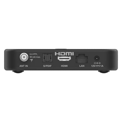 Strong Android TV-boks SRT 420 set bagfra med ANT IN, S/PDIF, HDMI, LAN og 12V port.