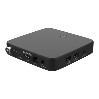Strong Android TV-boks SRT 420, sort, DVB-T2, HDMI, LAN, USB, micro SD, AV IN og S/PDIF porte synlige fra side/bag.