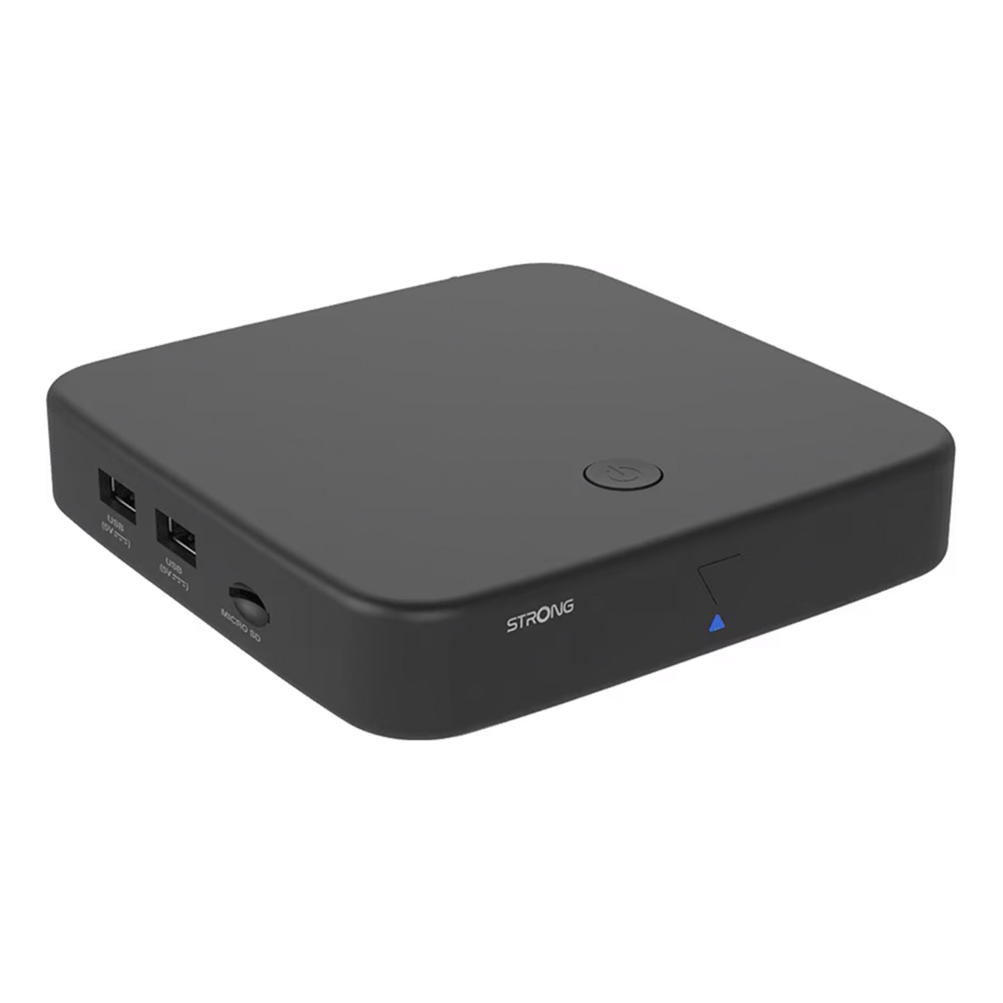 Strong Android TV-boks SRT 420, sort, rektangulær, DVB-T2-modtager, powerknap, 2 USB-porte, sideport, blå LED, logo.
