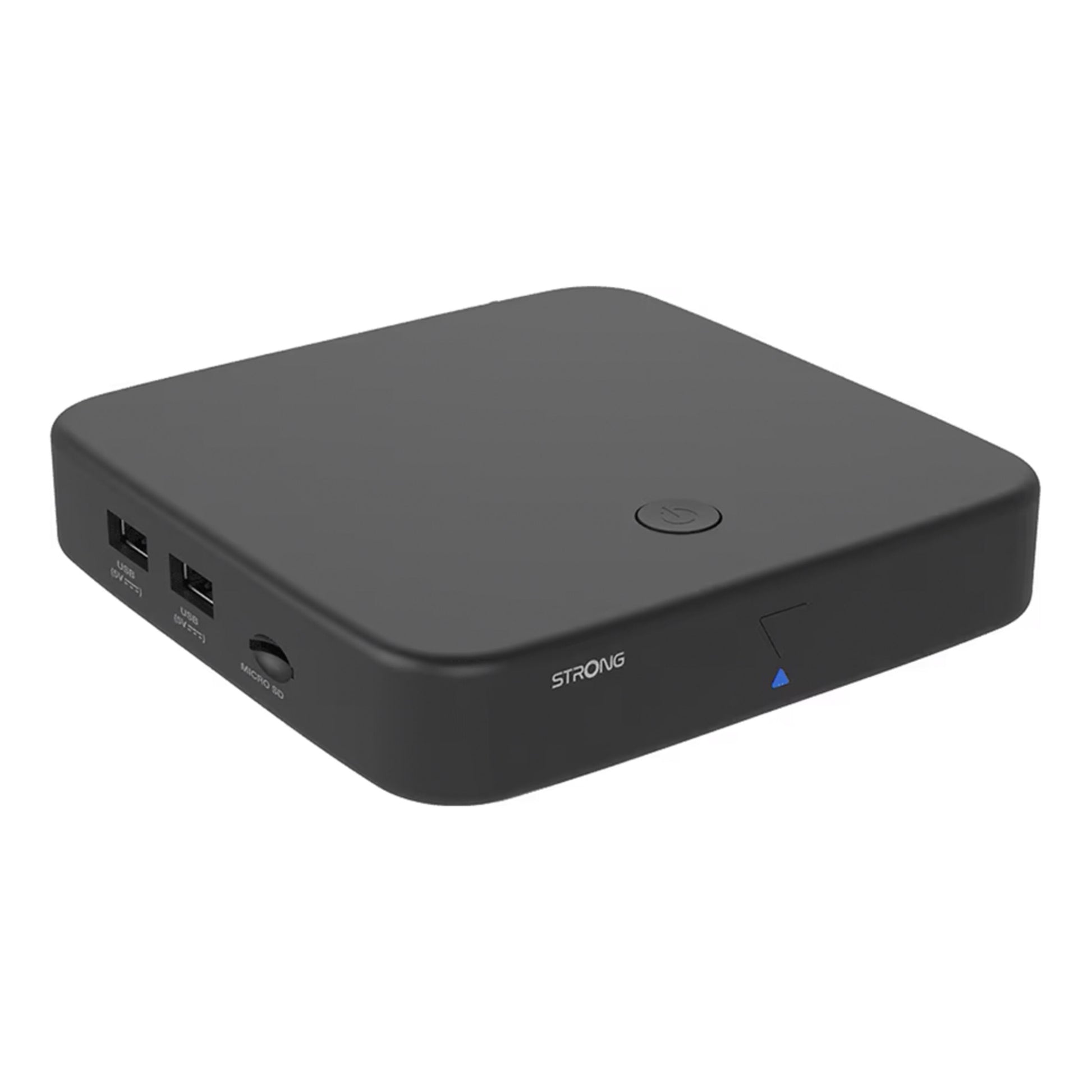 Strong Android TV-boks SRT 420, sort, rektangulær, DVB-T2-modtager, powerknap, 2 USB-porte, sideport, blå LED, logo.