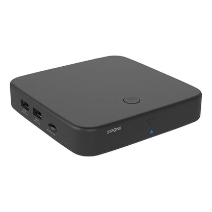 Strong Android TV-boks SRT 420, sort, rektangulær, DVB-T2-modtager, powerknap, 2 USB-porte, sideport, blå LED, logo.