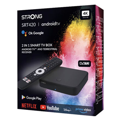 Strong Android TV-boks SRT 420 med DVB-T2, 4K Ultra HD-streaming og fjernbetjening, understøtter populære apps.
