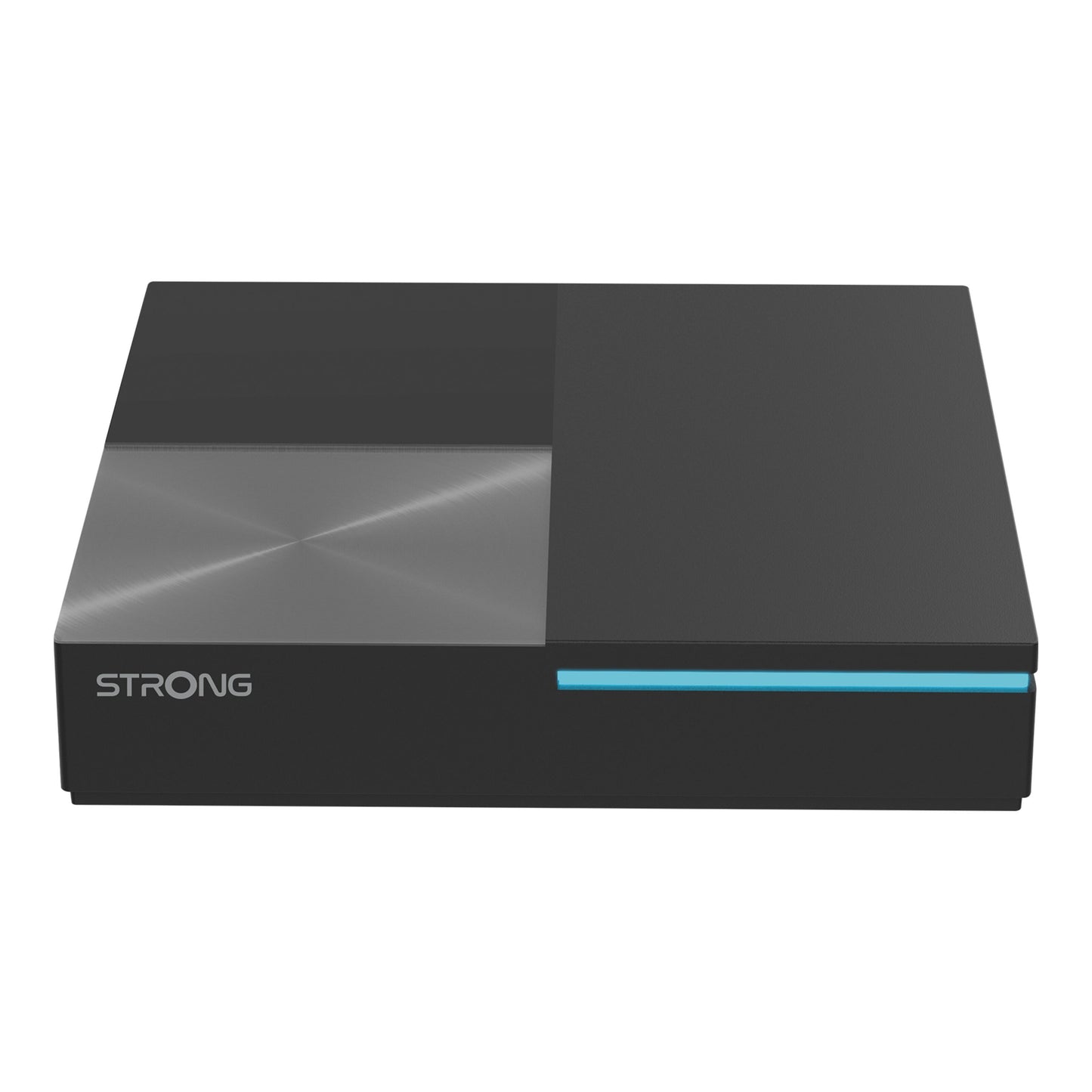 Strong LEAP-S3 PRO Google TV-boks, sort rektangulær med metallisk topdetalje, blå lysstribe, Android 12, 4K Ultra HD.
