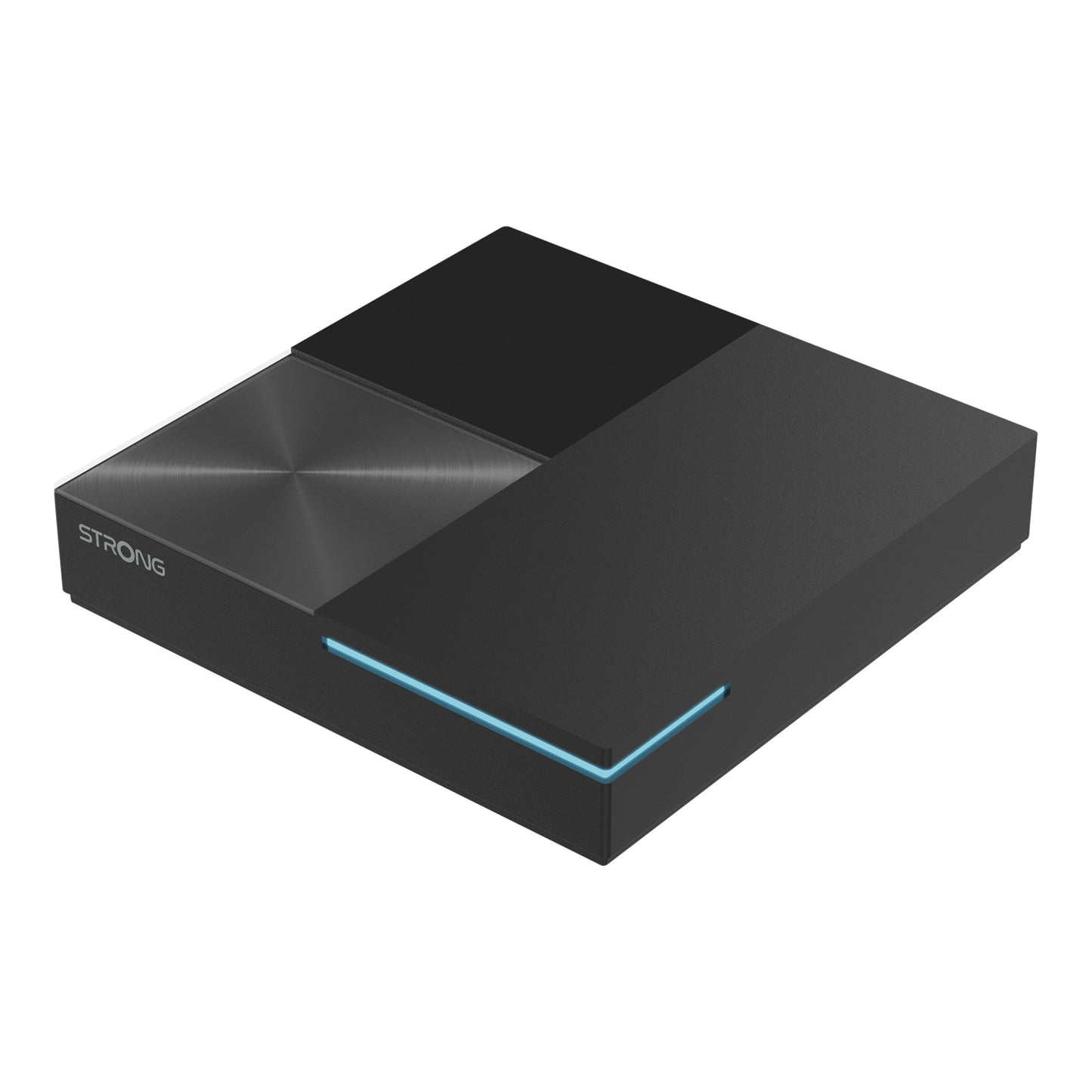Strong LEAP-S3 PRO Google TV-boks sort, rektangulær, børstet finish, blå LED-stribe, logo, 4K Ultra HD, Android 12.
